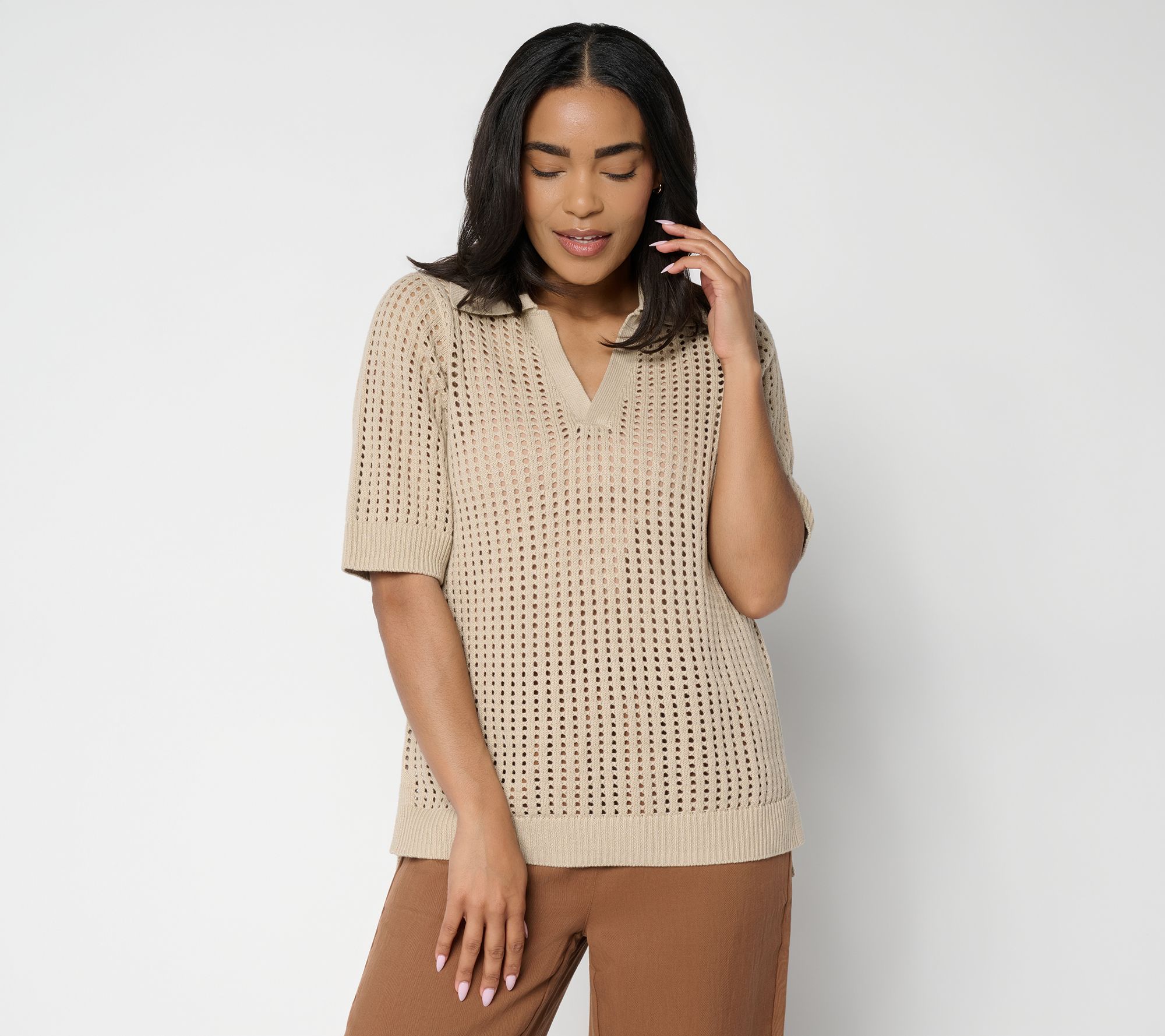 "As Is" Susan Graver Open Stitch Collared Sweater