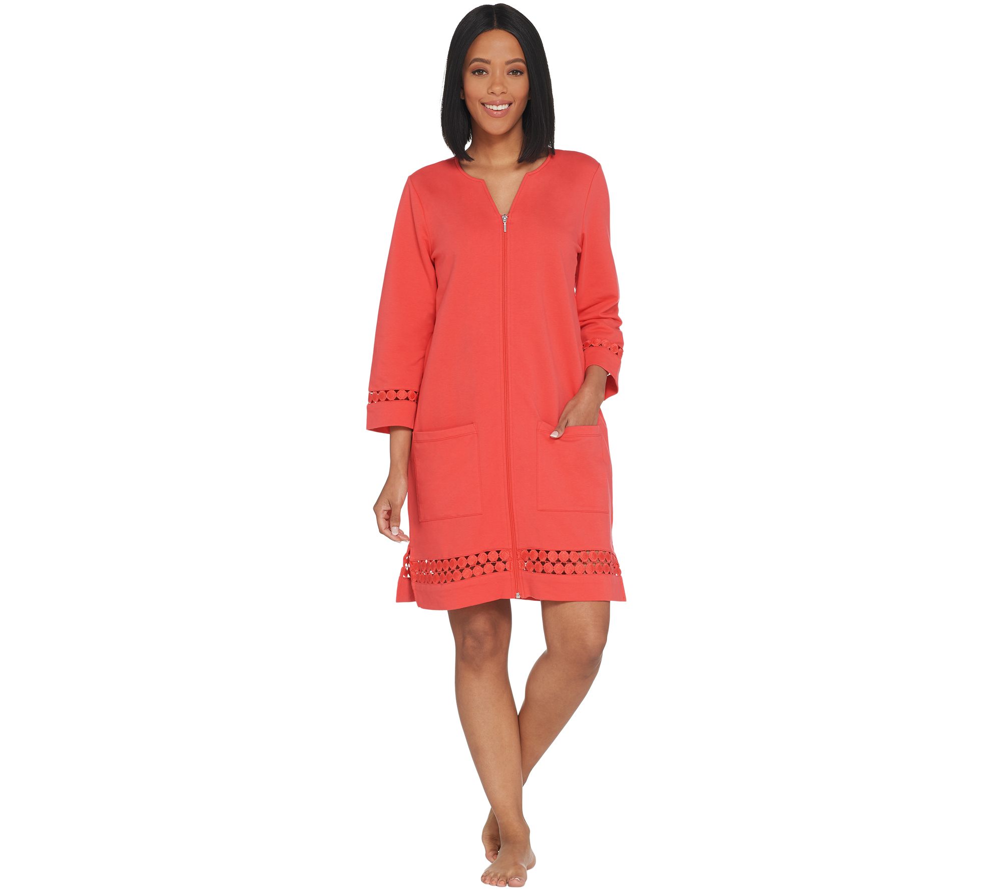 "As Is" Denim & Co. Beach French Terry ZipFront Dot Lace CoverUp