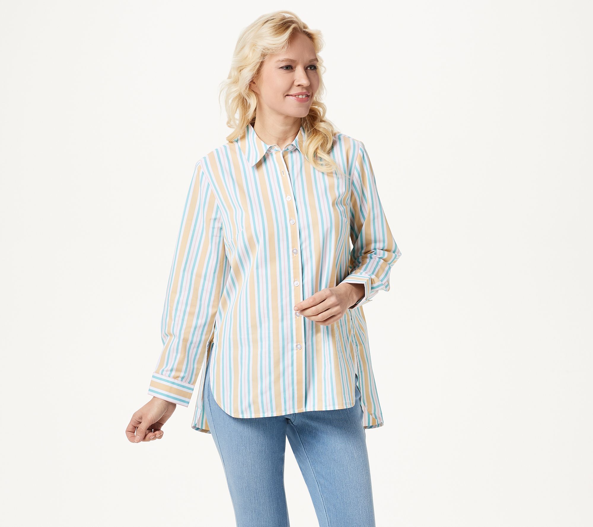 Denim & Co. Yarn Dyed Stripe Stretch Poplin Big Shirt - QVC.com