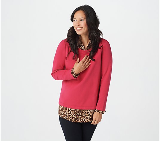 Isaac Mizrahi Live! French Terry & Woven Leopard Layered Top