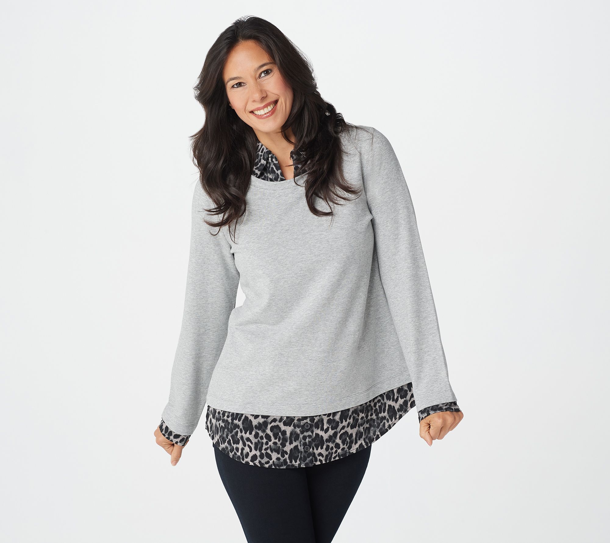 Isaac Mizrahi Live! French Terry & Woven Leopard Layered Top