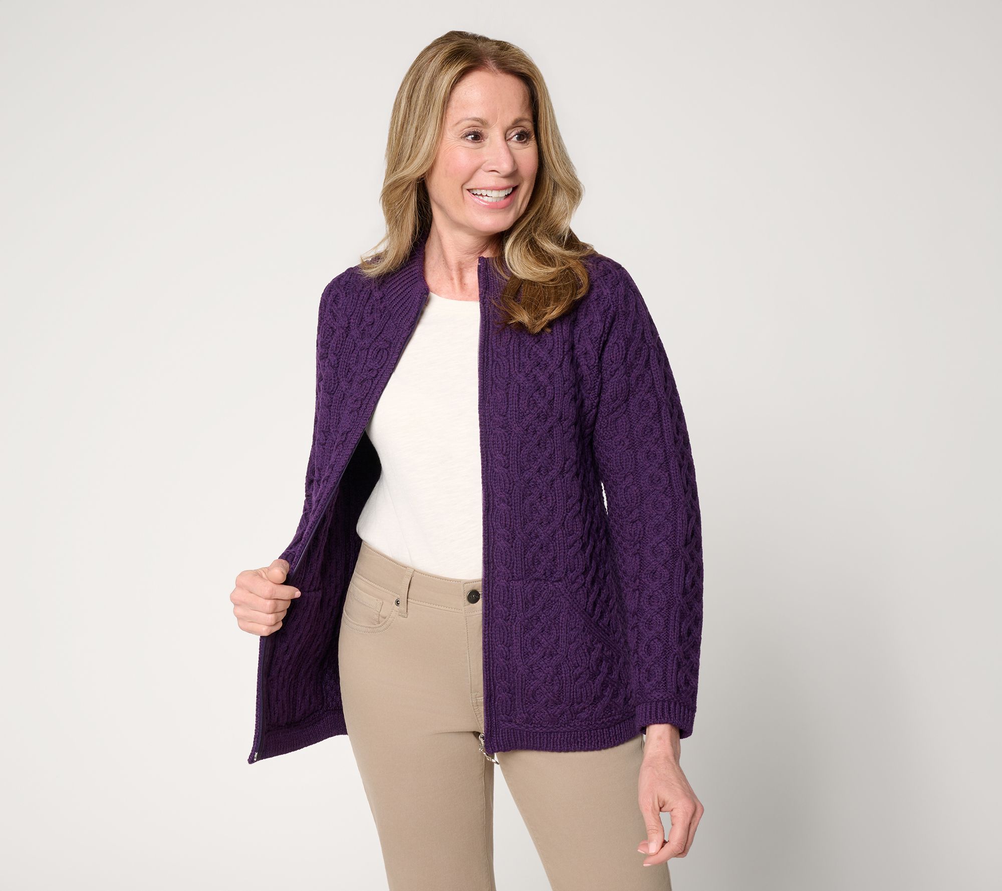 Aran Crafts Merino Wool Zip-Front Cardigan
