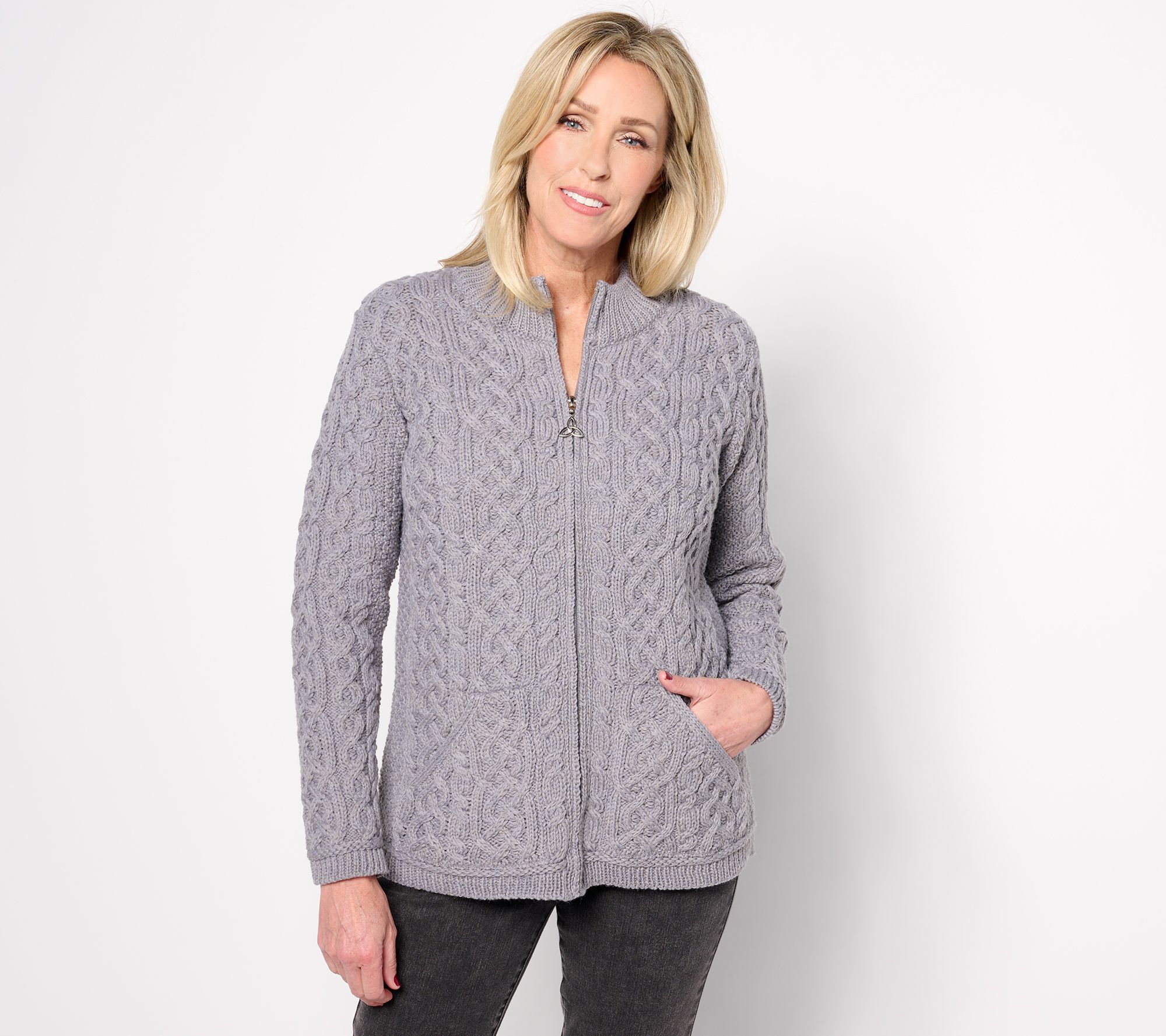 Aran Crafts Merino Wool Zip-Front Cardigan
