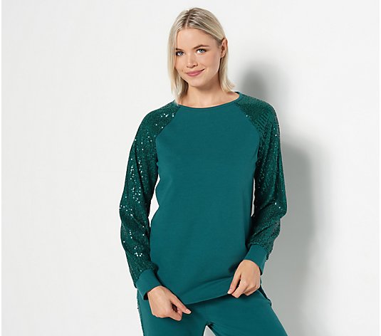 Belle by Kim Gravel French Terry Top with Sequin Sleeves