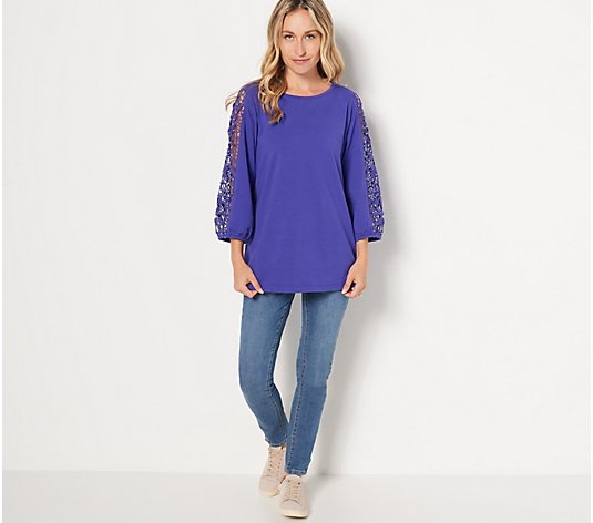 Quacker Factory Lace 3/4-Sleeve Knit T-Shirt with Grey Pearl Details