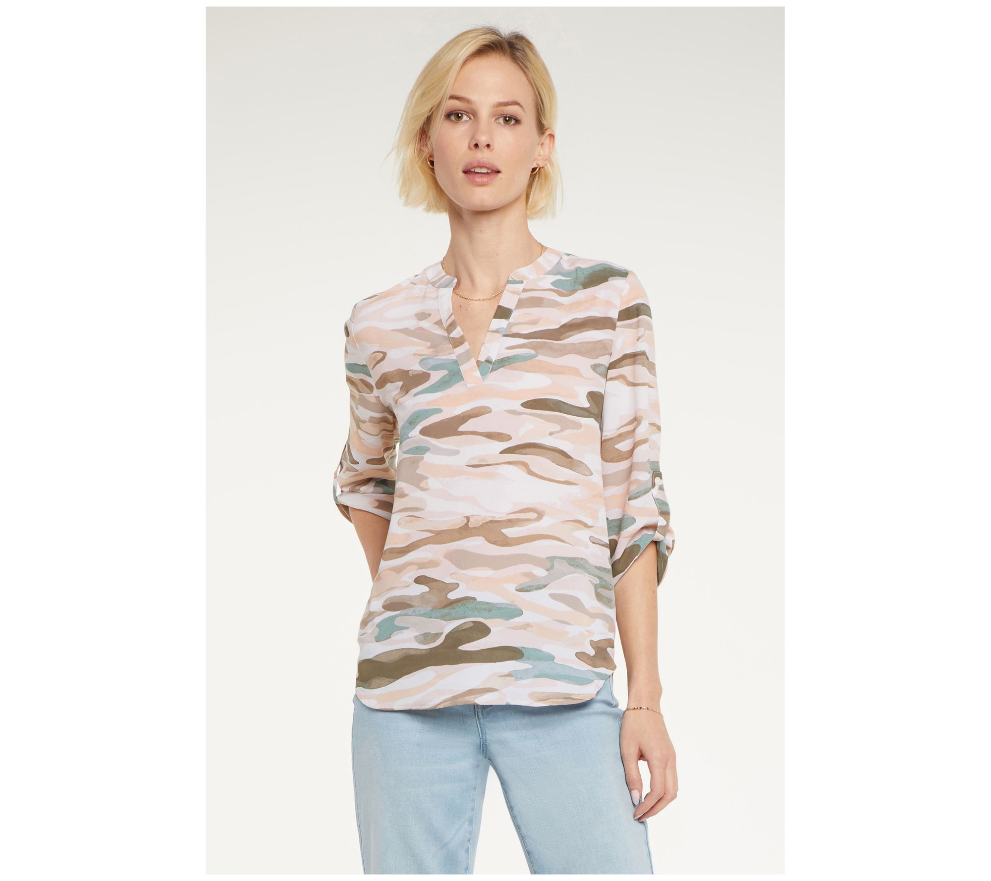 NYDJ Split Neck Blouse with Button Tabs