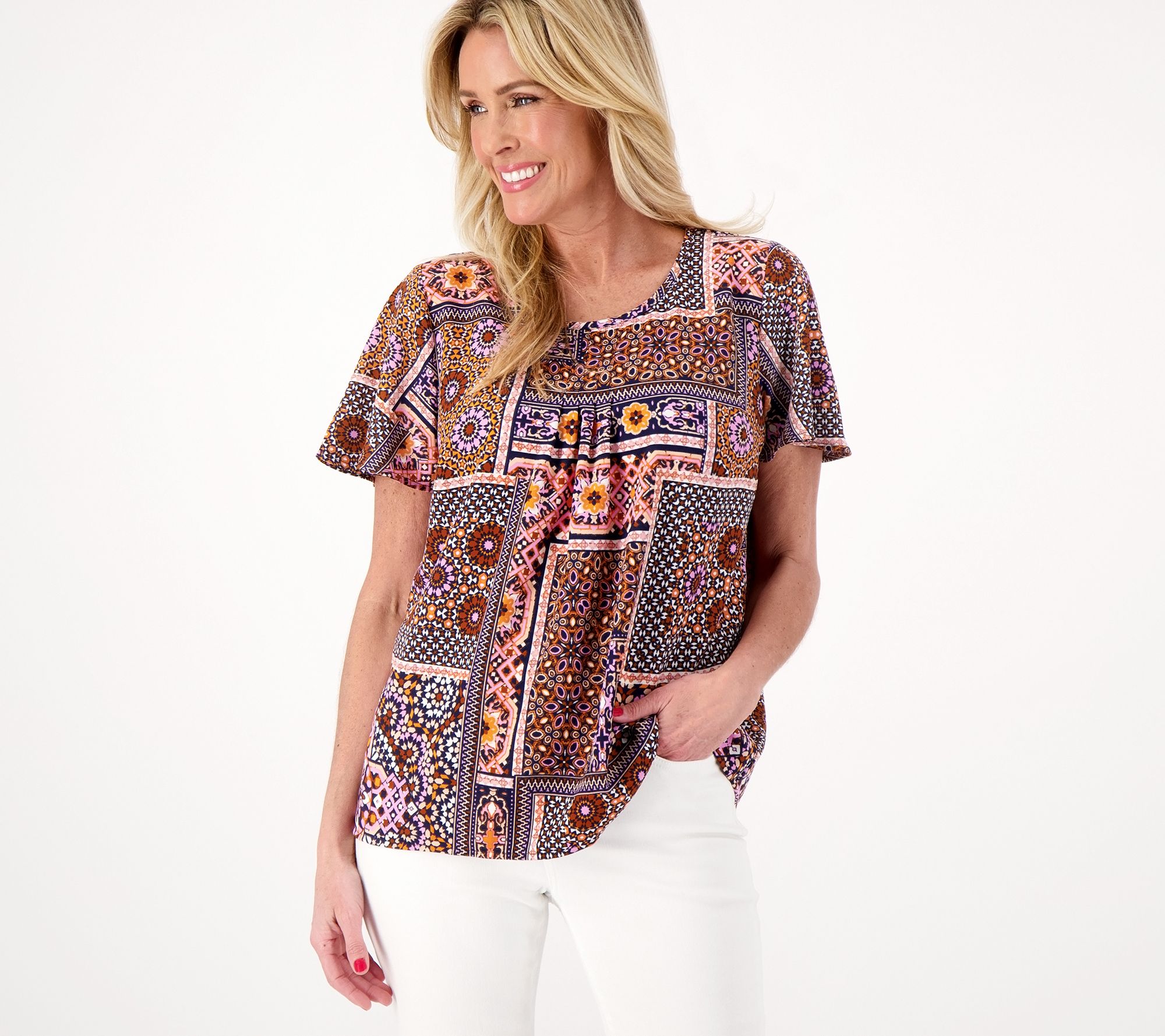 Denim & Co. Printed Blouse with Open Flutter Sleeve