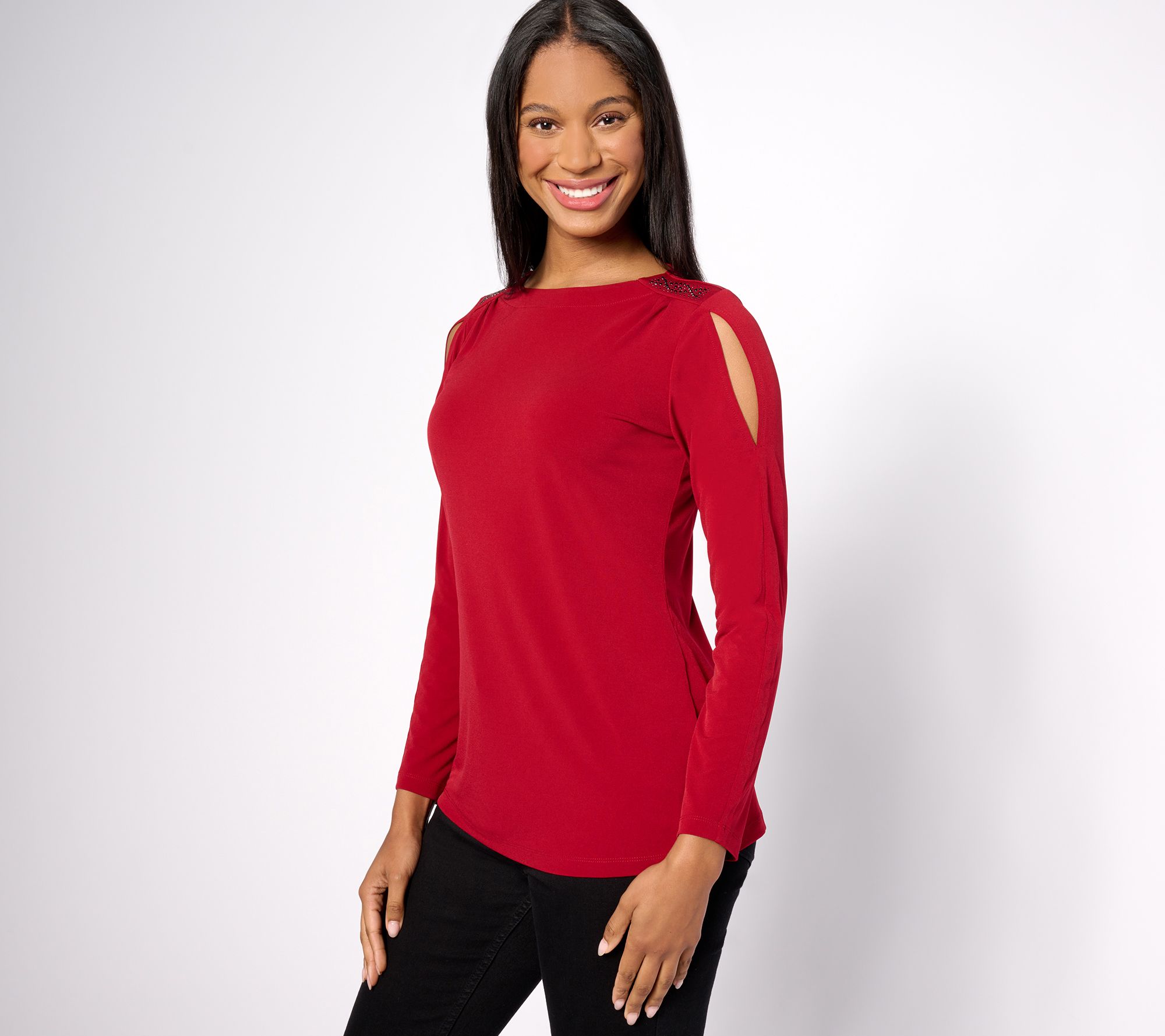 Susan Graver Occasions Liquid Knit Cut-Out Sleeve Top 