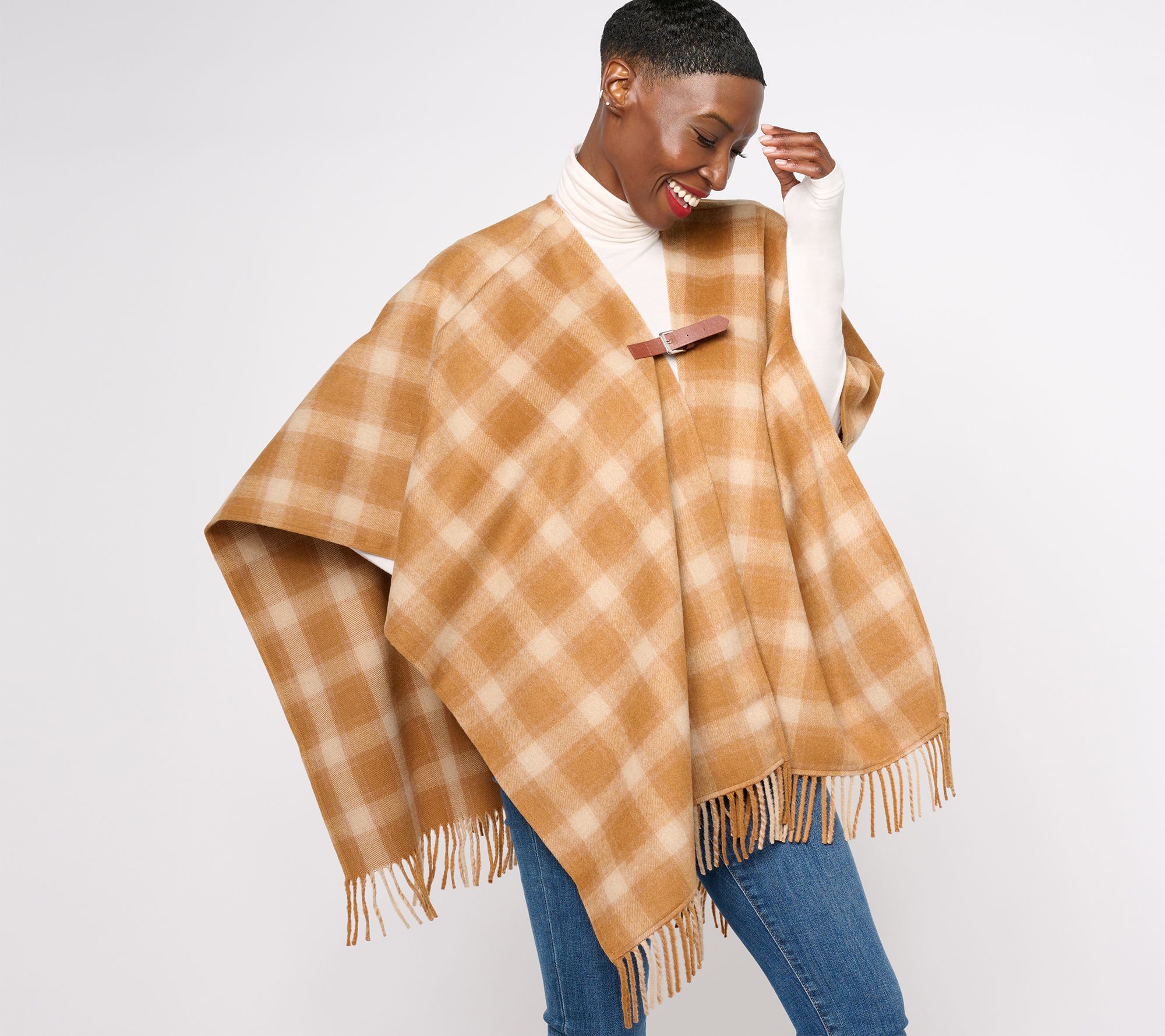 Denim & Co. Heritage Plaid Topper with Fringe Hem
