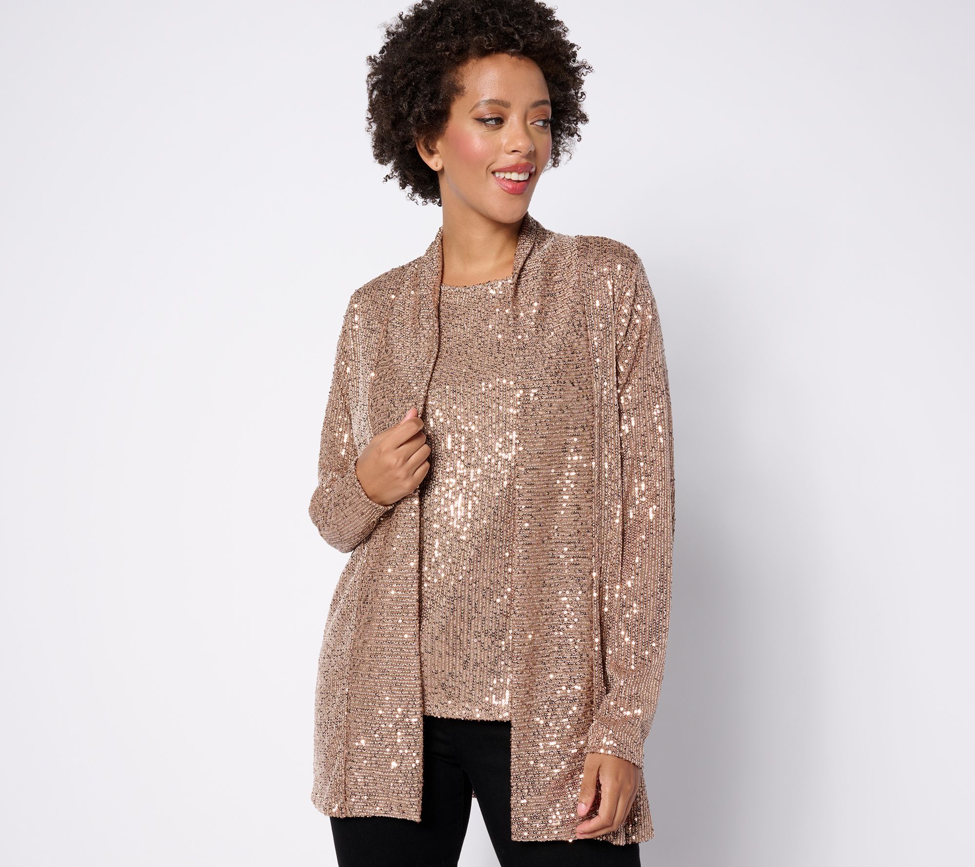 Jingle Belles by Kim Gravel Sequin Mesh Open Front Topper