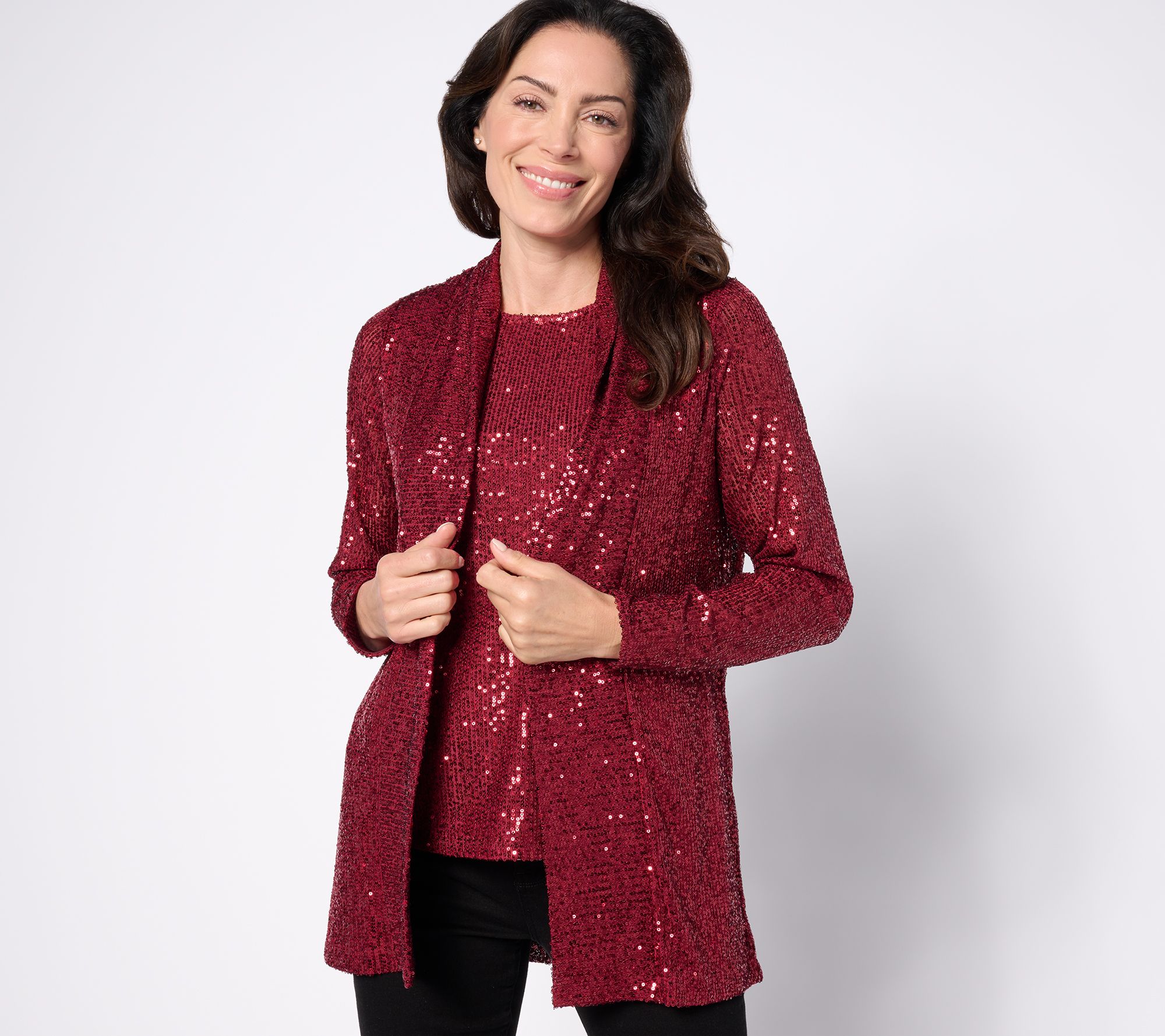 Jingle Belles by Kim Gravel Sequin Mesh Open Front Topper