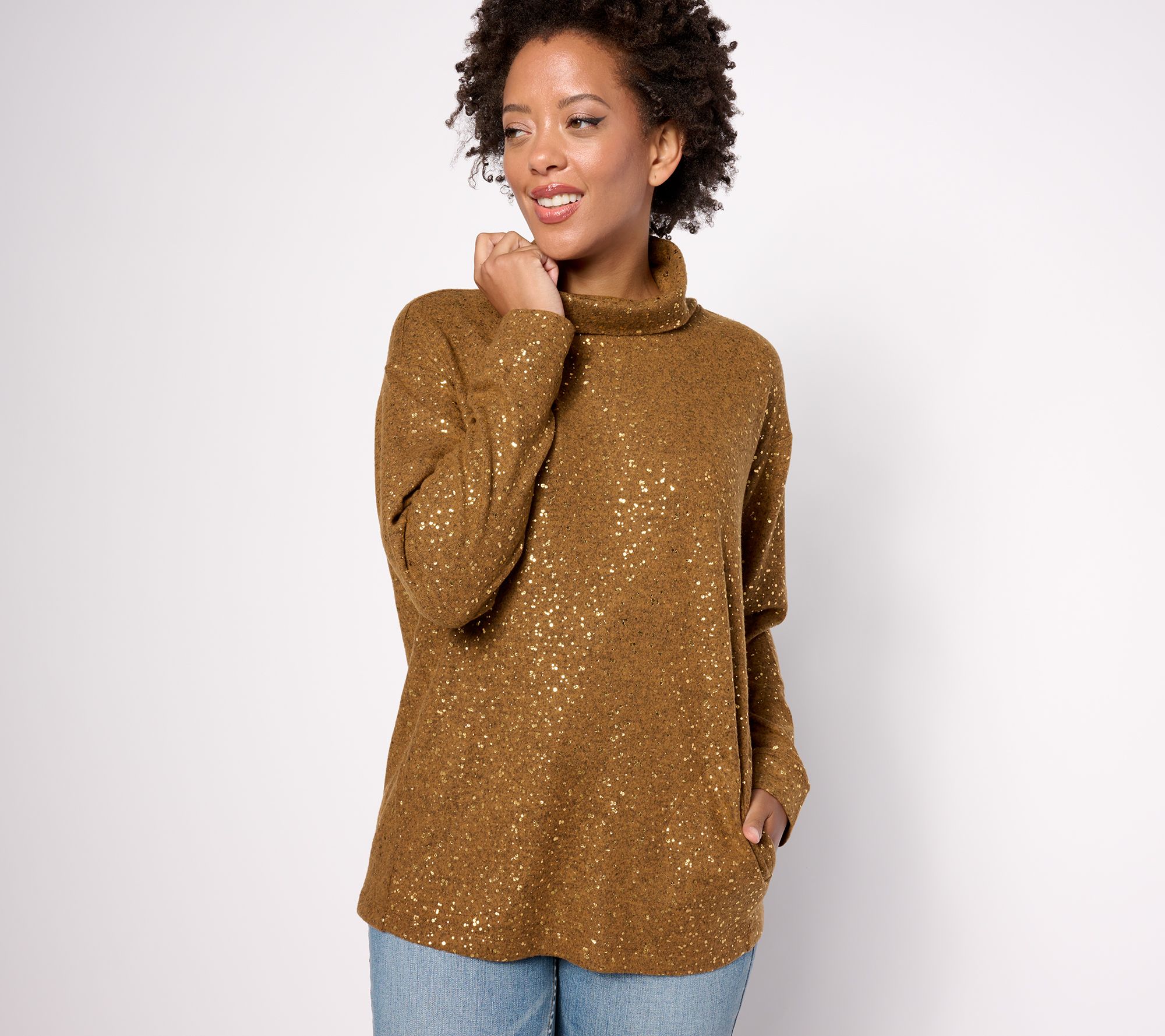 LOGO Lounge by Lori Goldstein Foil Print Knit Turtleneck Top - QVC.com