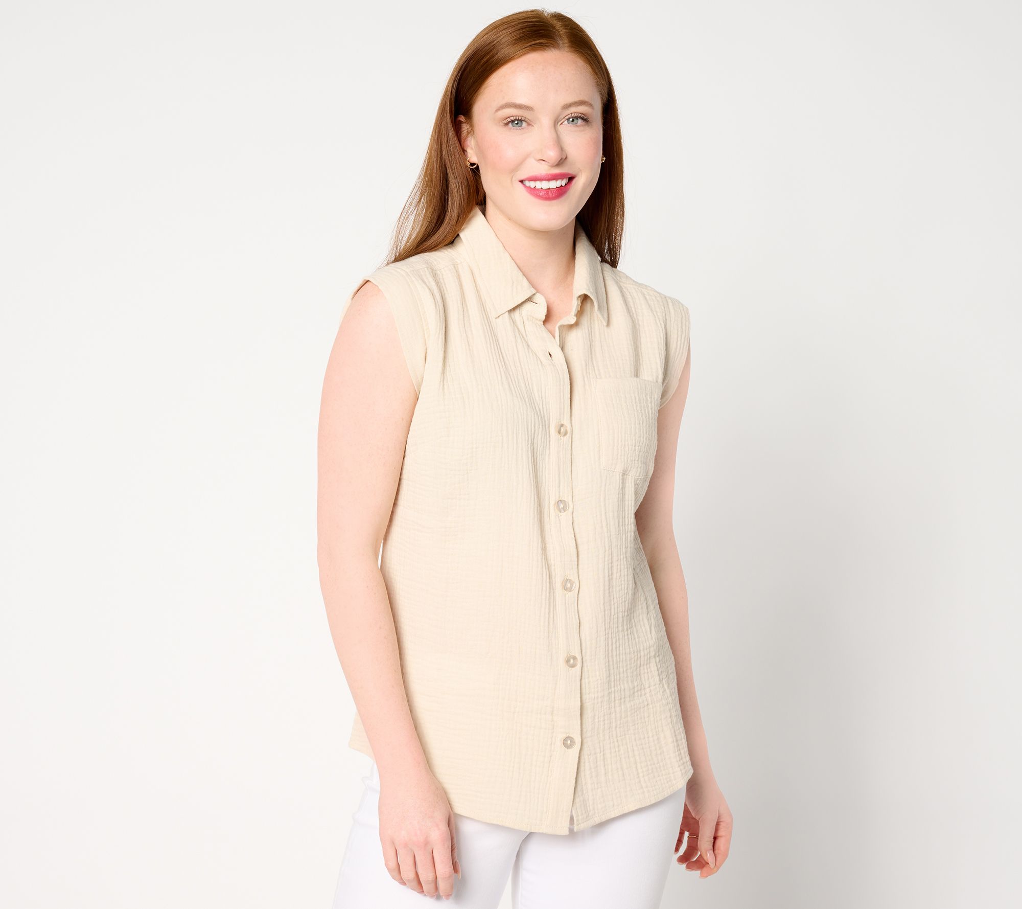 Belle Beach by Kim Gravel Cotton Gauze Sleeveless One Pocket Shirt