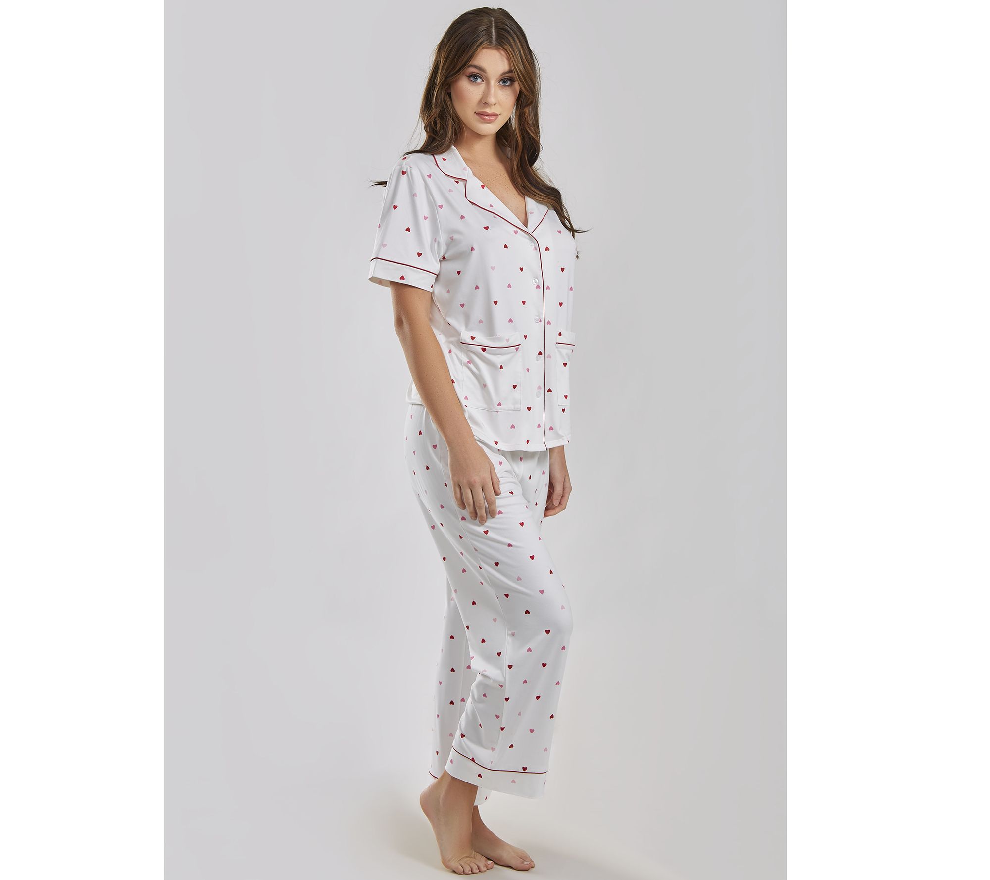 iCollection Modal Red Hearts Button-Up Pajama Lounge Set