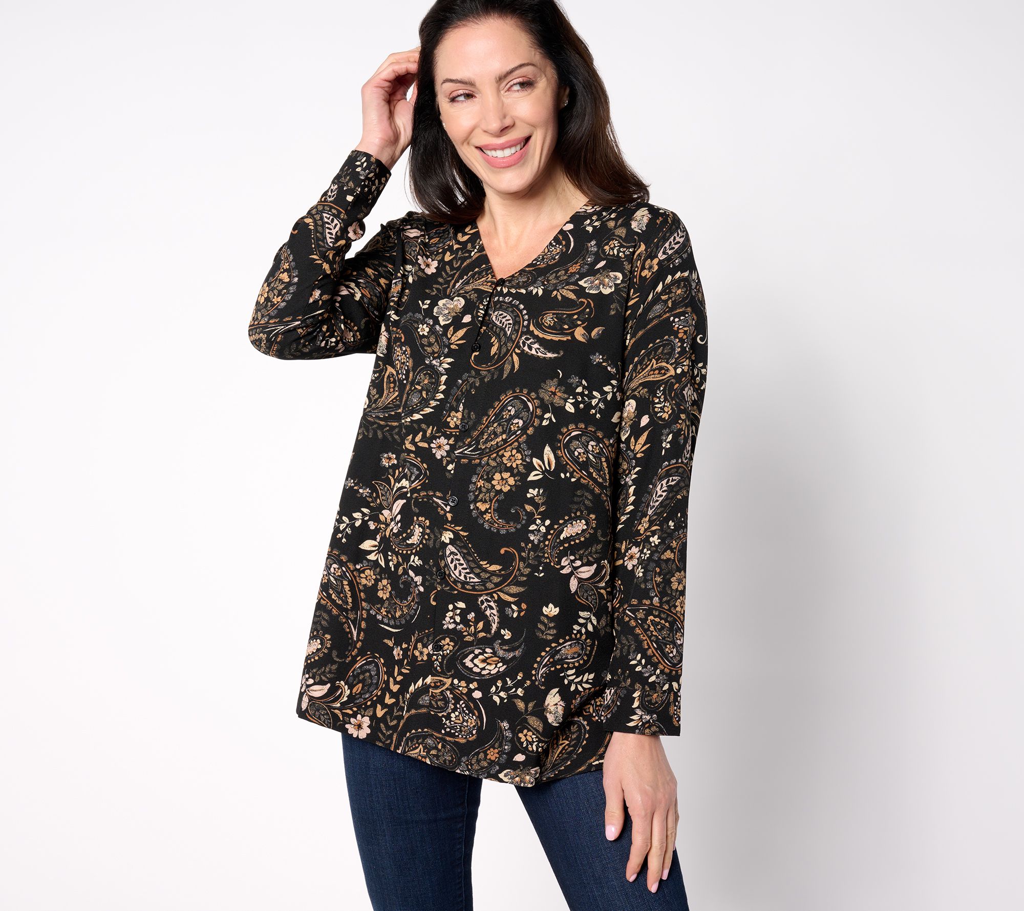 "As Is" Denim & Co. Printed Tunic with Button Front Detail