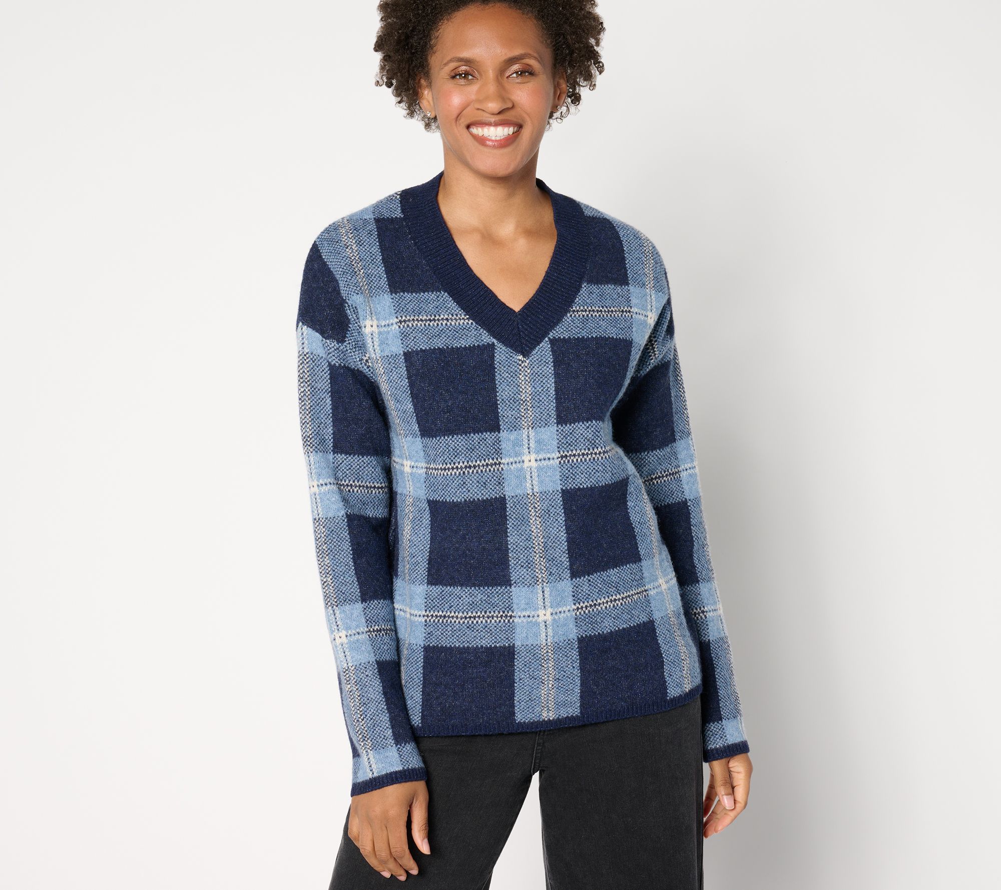 AnyBody Plaid Intarsia V-Neck Sweater