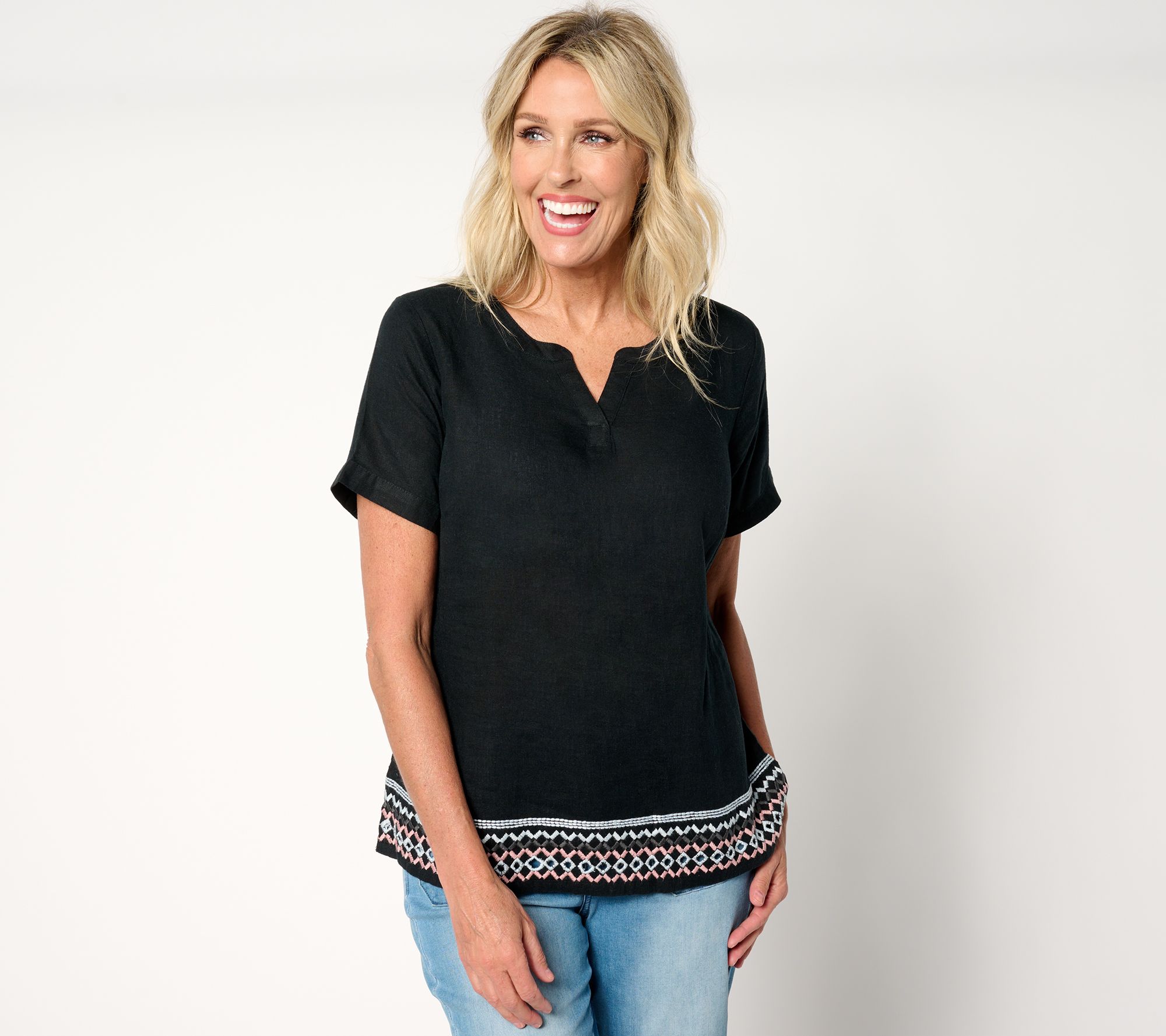 "As Is" Denim & Co. Naturals Linen Blend Embroidered Split V Top