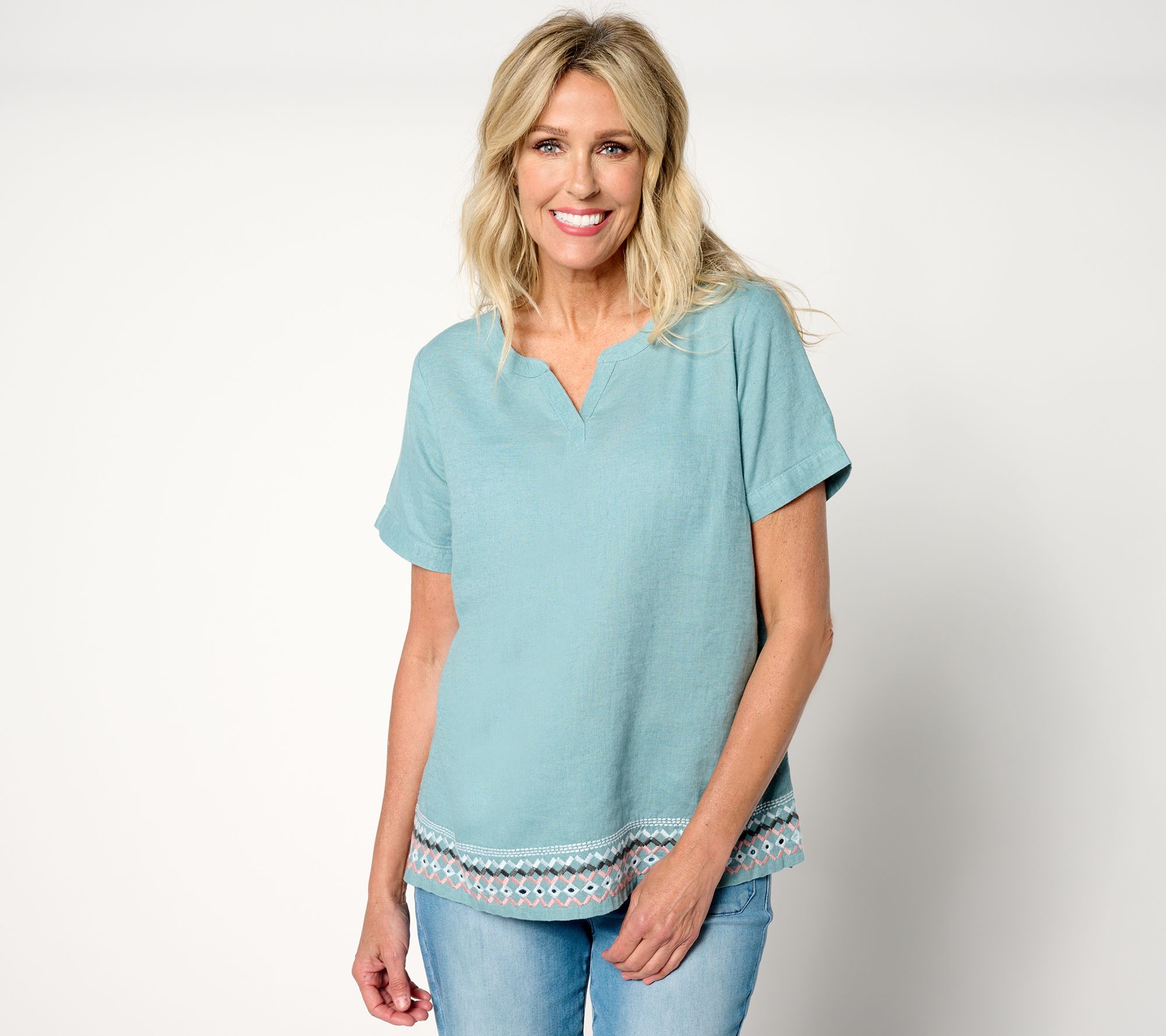 "As Is" Denim & Co. Naturals Linen Blend Embroidered Split V Top
