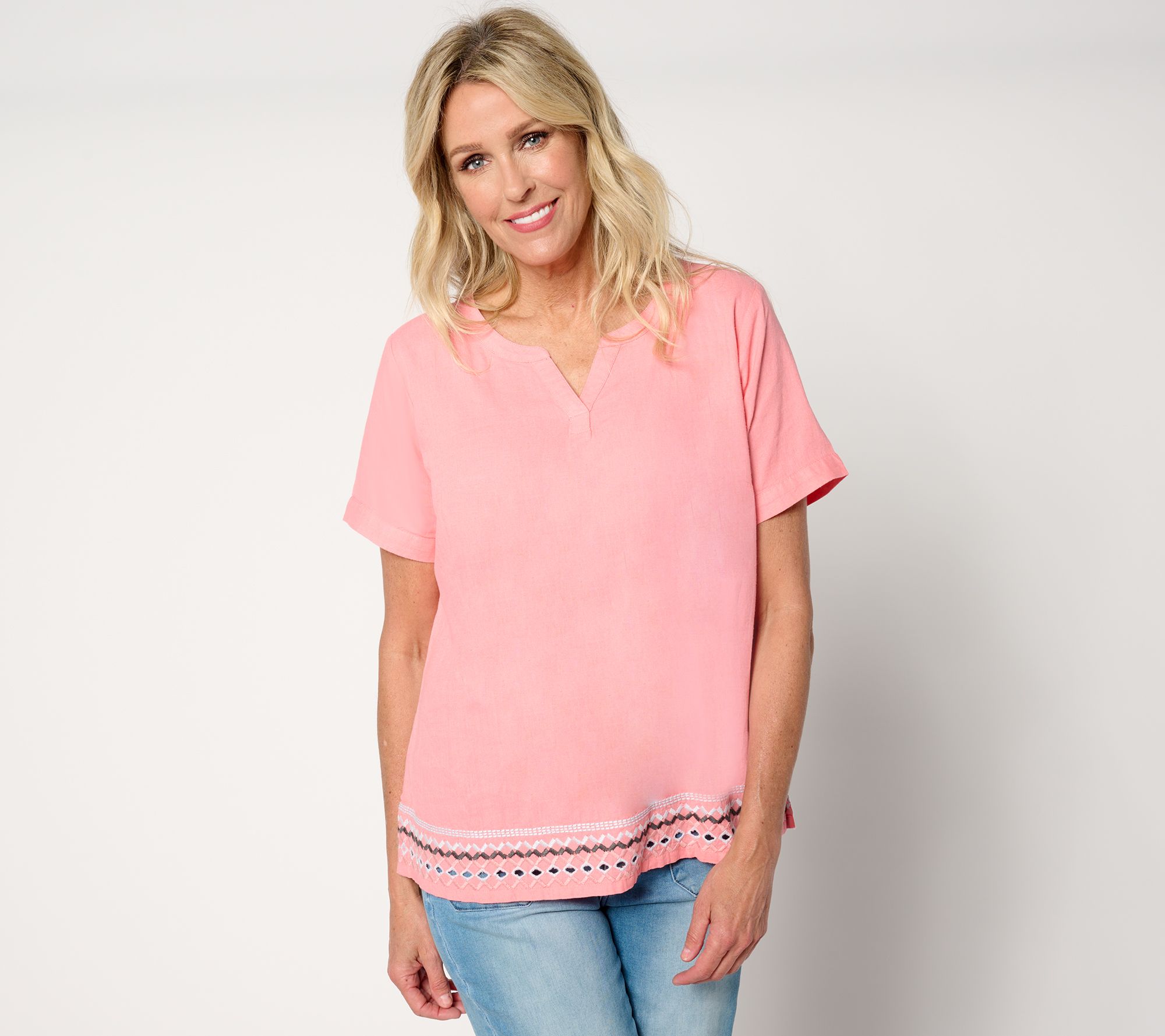 "As Is" Denim & Co. Naturals Linen Blend Embroidered Split V Top