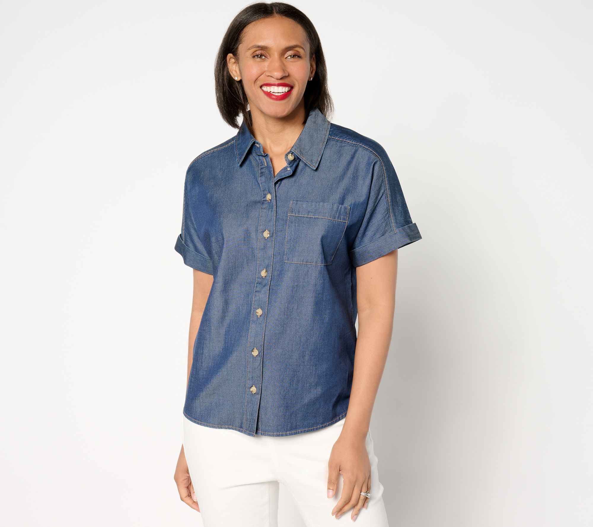 "As Is" Joan Rivers Short Sleeve Button Front Tencel Boyfriend Shirt