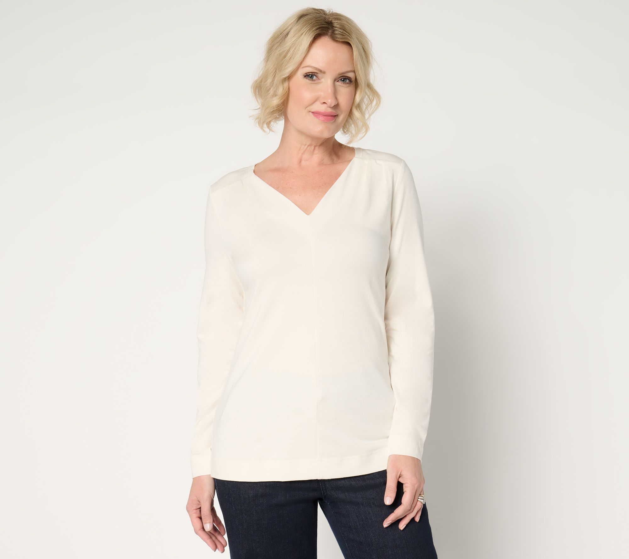 Denim & Co. Essentials Favorite Jersey V-Neck Top w/ Pleat Detail