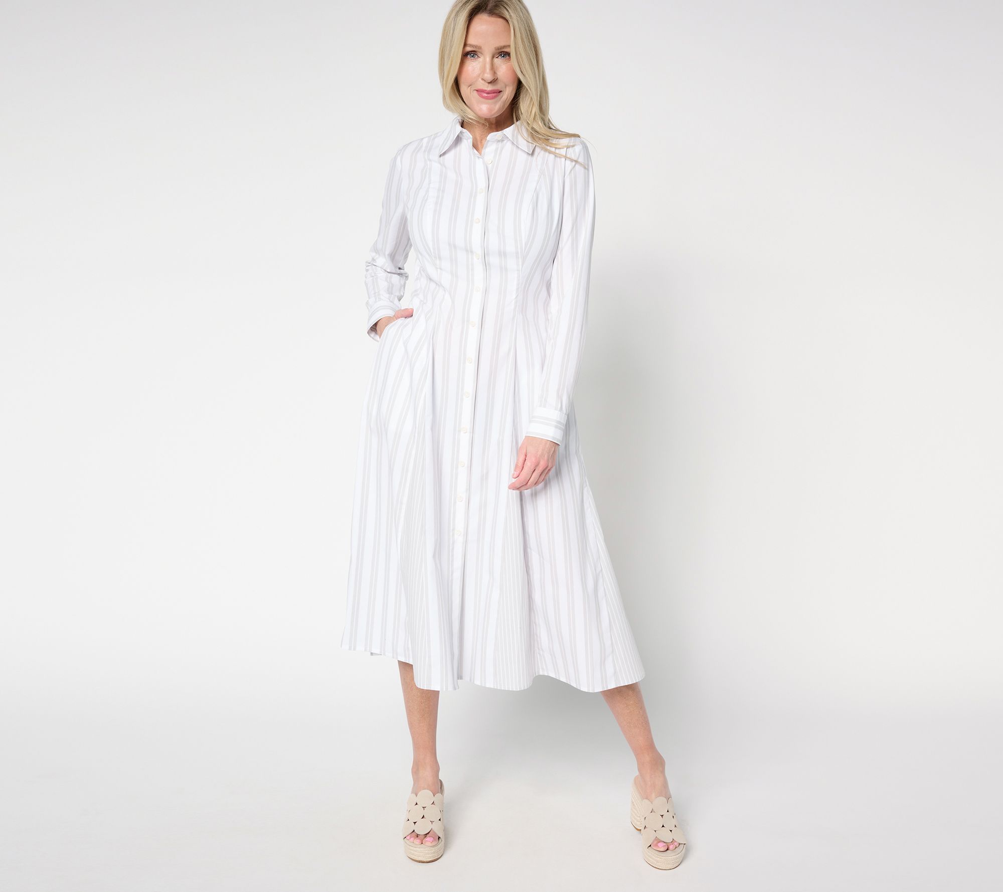 Attitudes by Renee Petite Poplin Godet Button Front Midi Dress