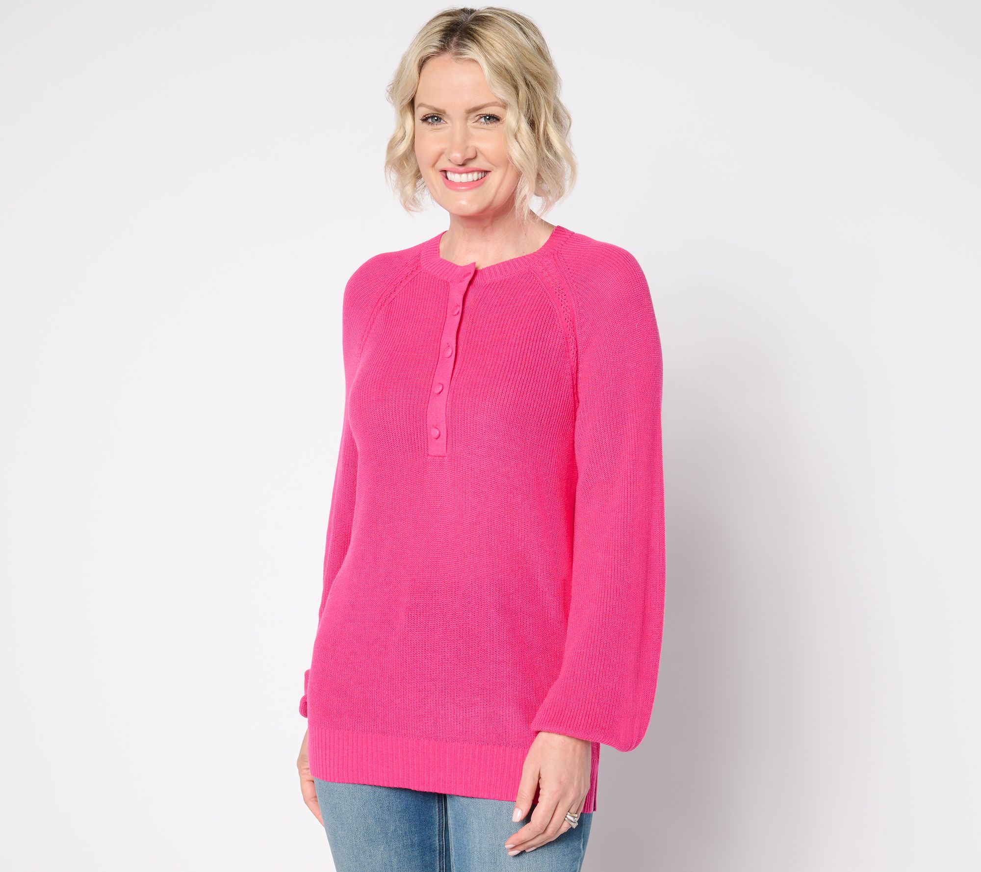 "As Is" Belle by Kim Gravel Ribbed Henley Blouson Sleeve Sweater