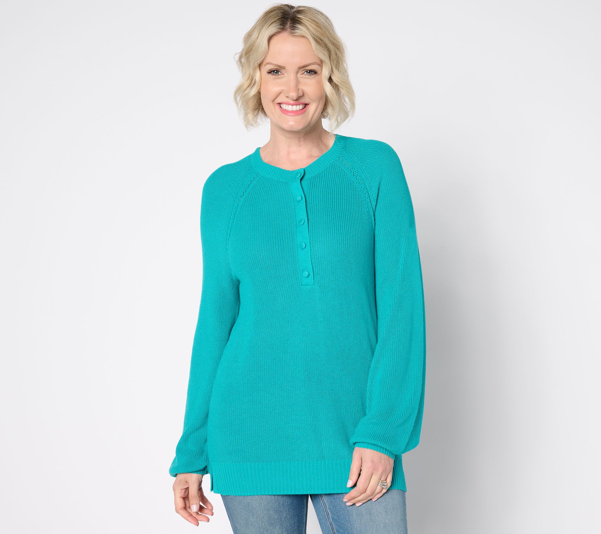 "As Is" Belle by Kim Gravel Ribbed Henley Blouson Sleeve Sweater