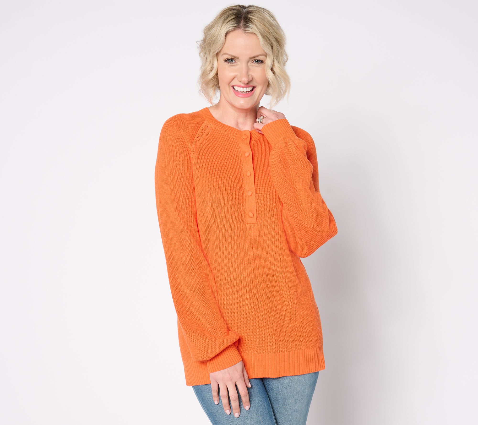 "As Is" Belle by Kim Gravel Ribbed Henley Blouson Sleeve Sweater