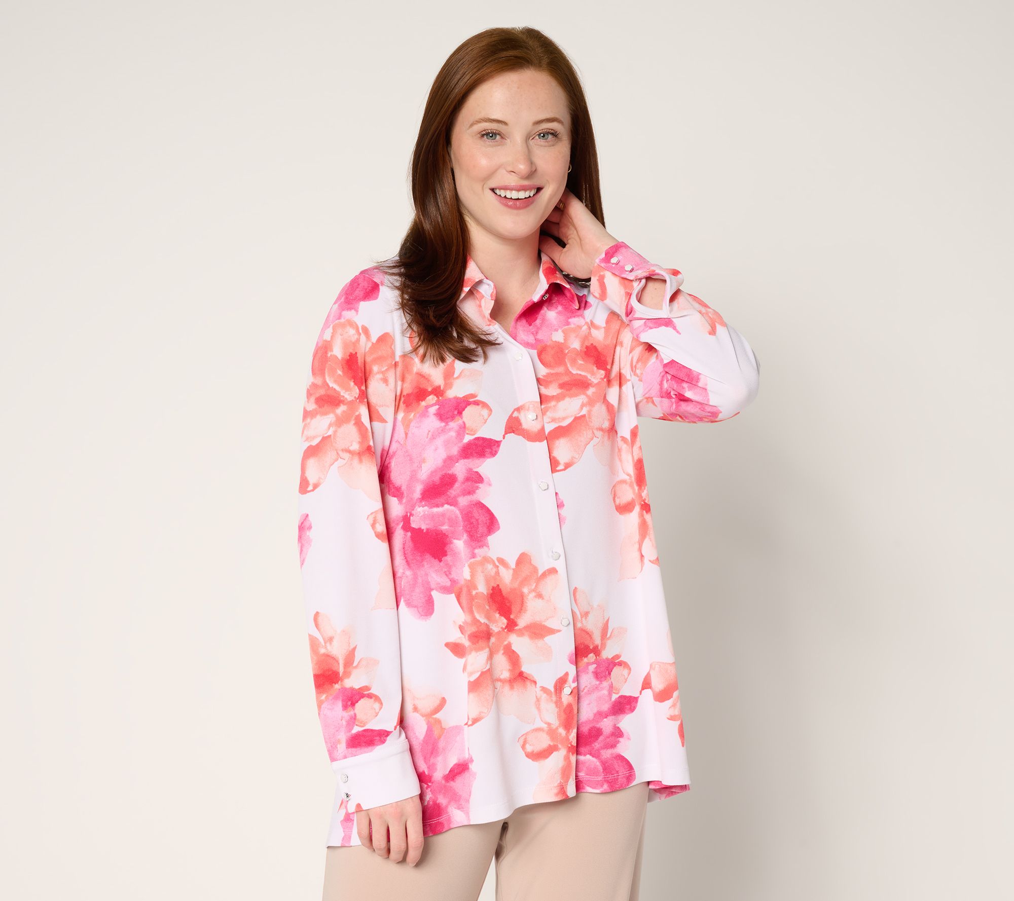 Dennis Basso Petite Printed Caviar Crepe Top with Enamel Buttons