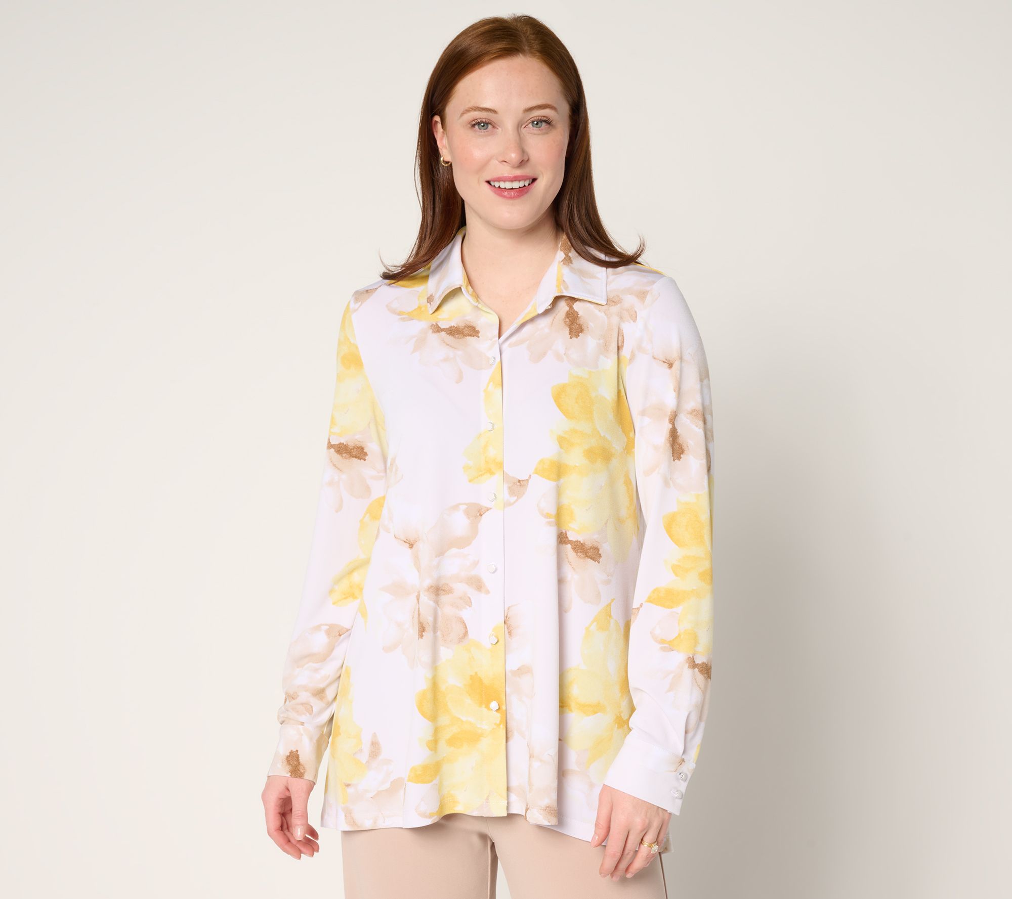 Dennis Basso Petite Printed Caviar Crepe Top with Enamel Buttons