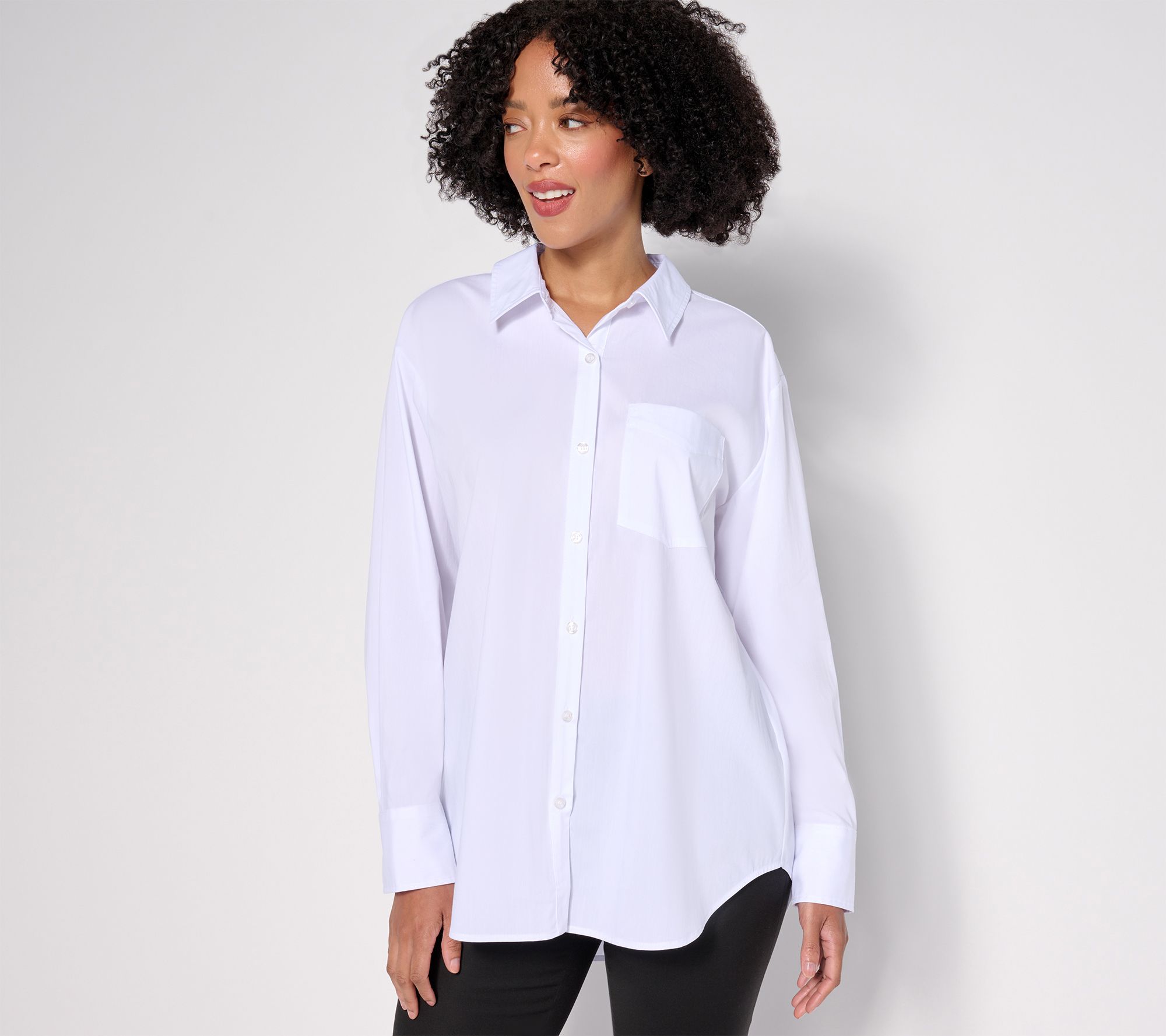 "As Is" Susan Graver Petite Woven Poplin Button-Front Shirt