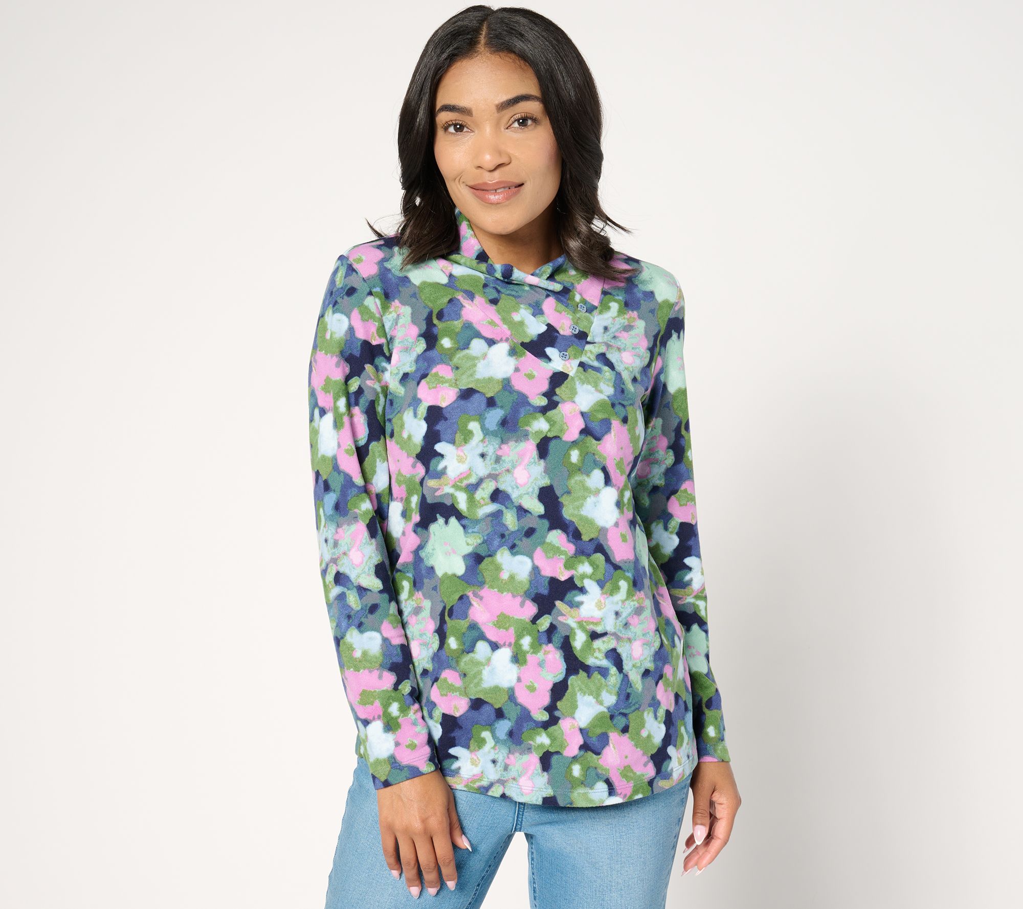 "As Is" Denim & Co. Heavenly Jersey Long Sleeve Button Neckline Top