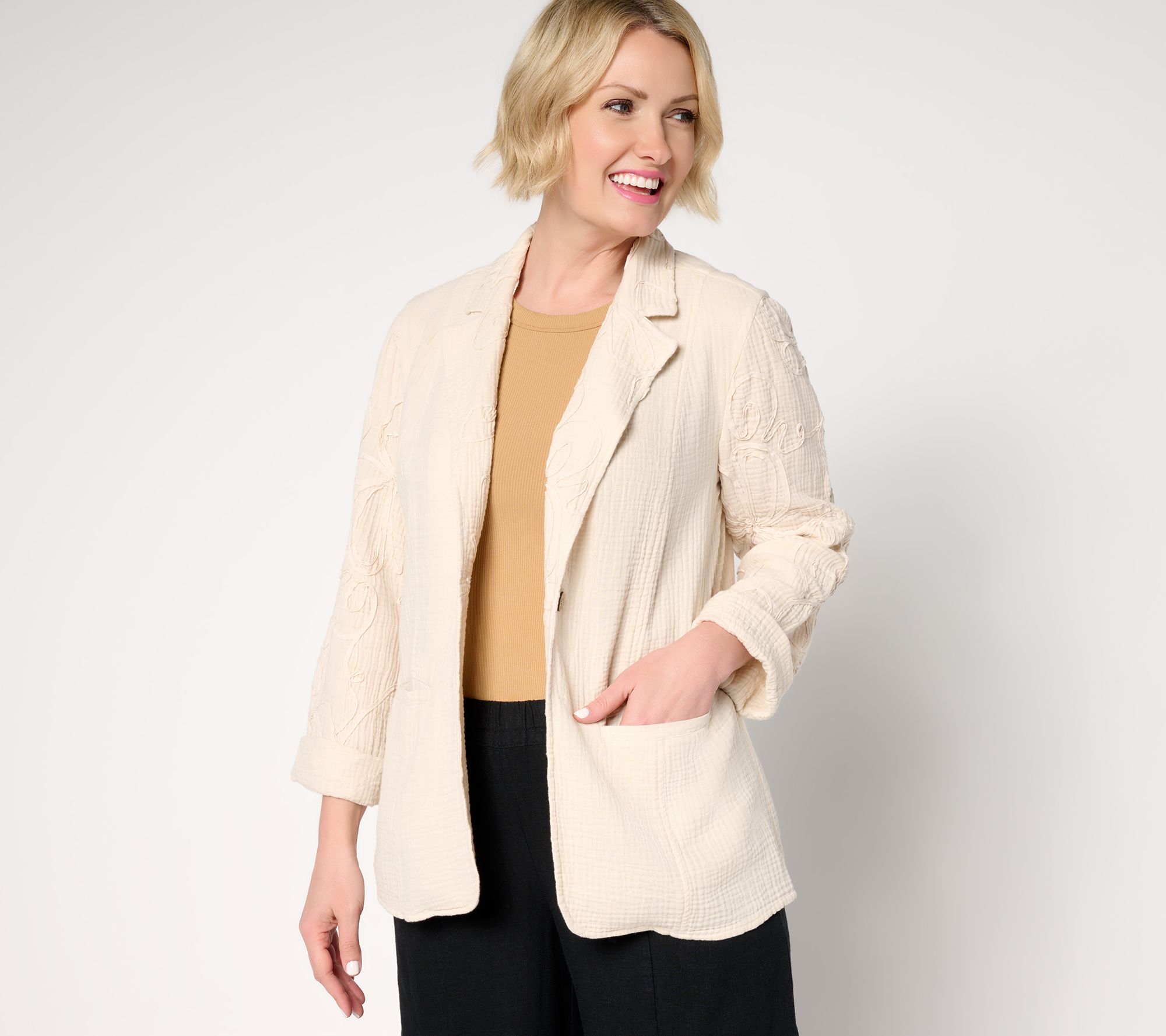 Peace Love World Boheme 100% Cotton Gauze Blazer with Embroidery