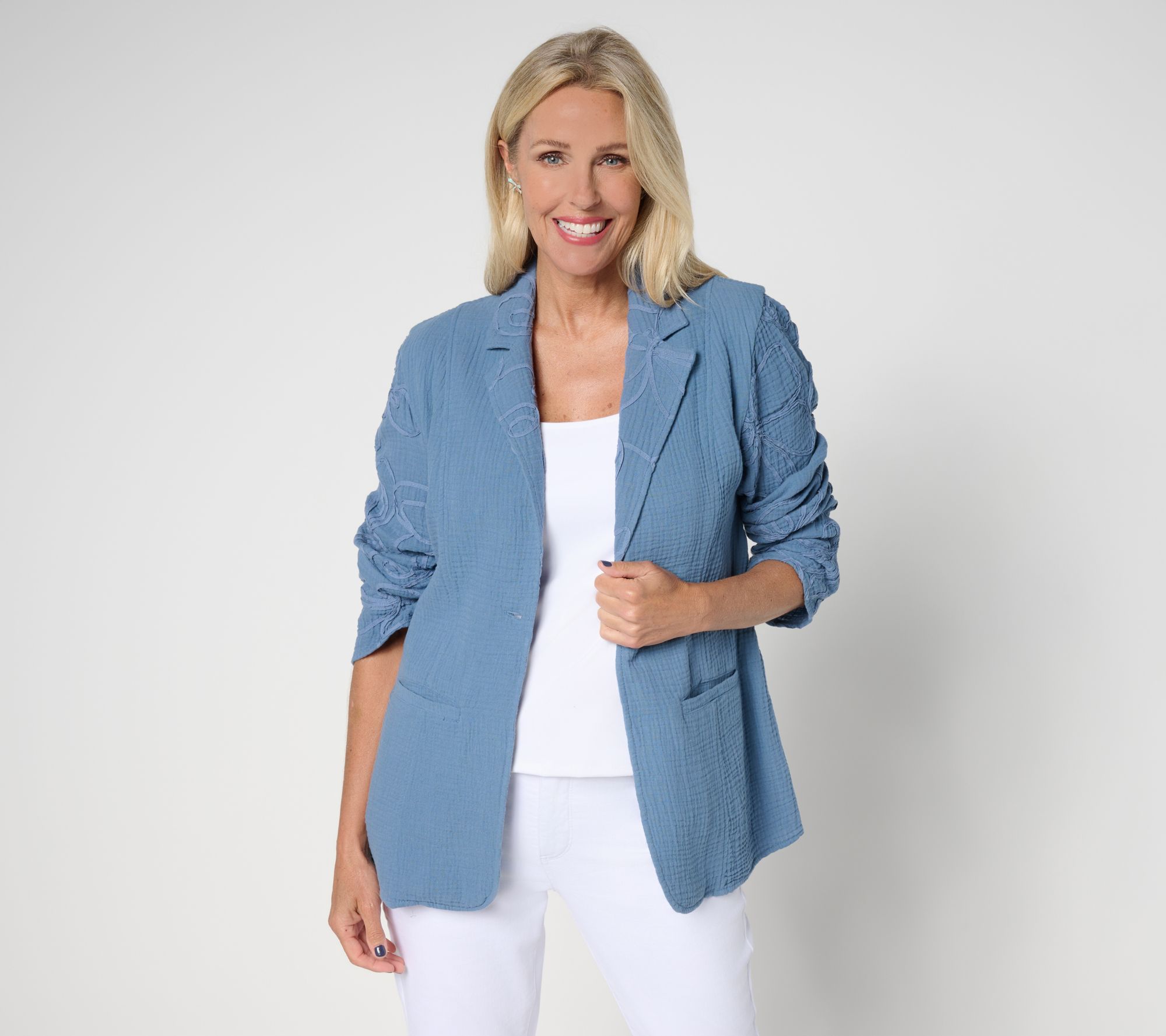 Peace Love World Boheme 100% Cotton Gauze Blazer with Embroidery