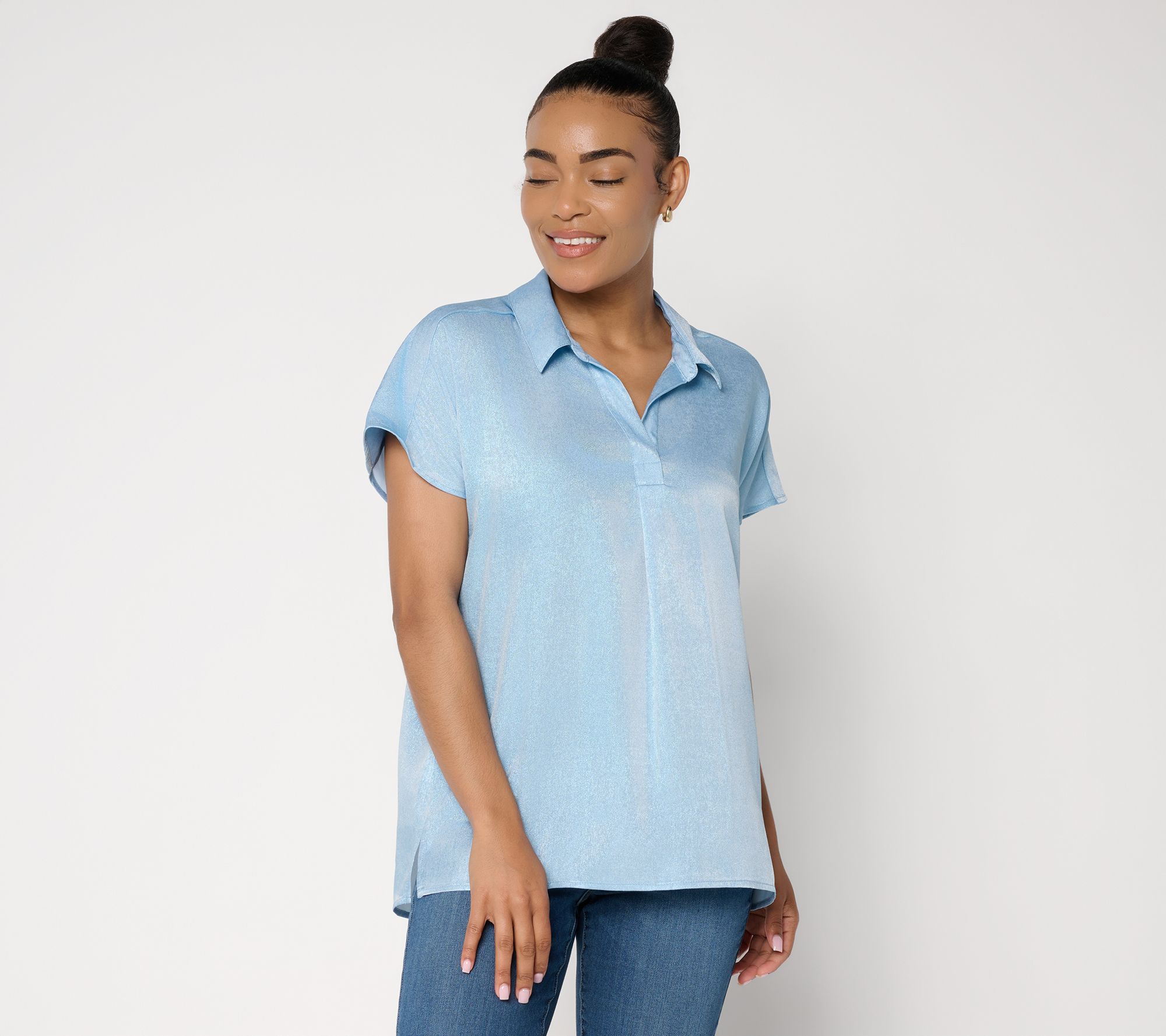 Susan Graver Regular Foiled Woven Pullover Henley Top