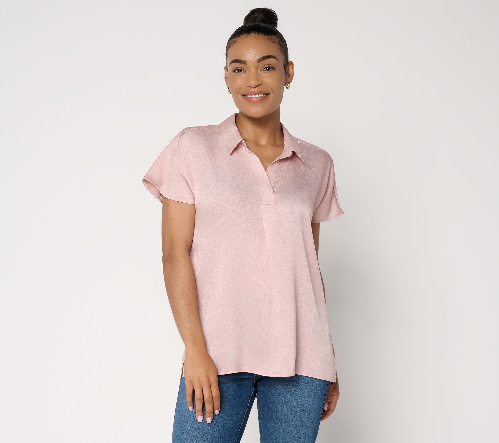Susan Graver Regular Foiled Woven Pullover Henley Top