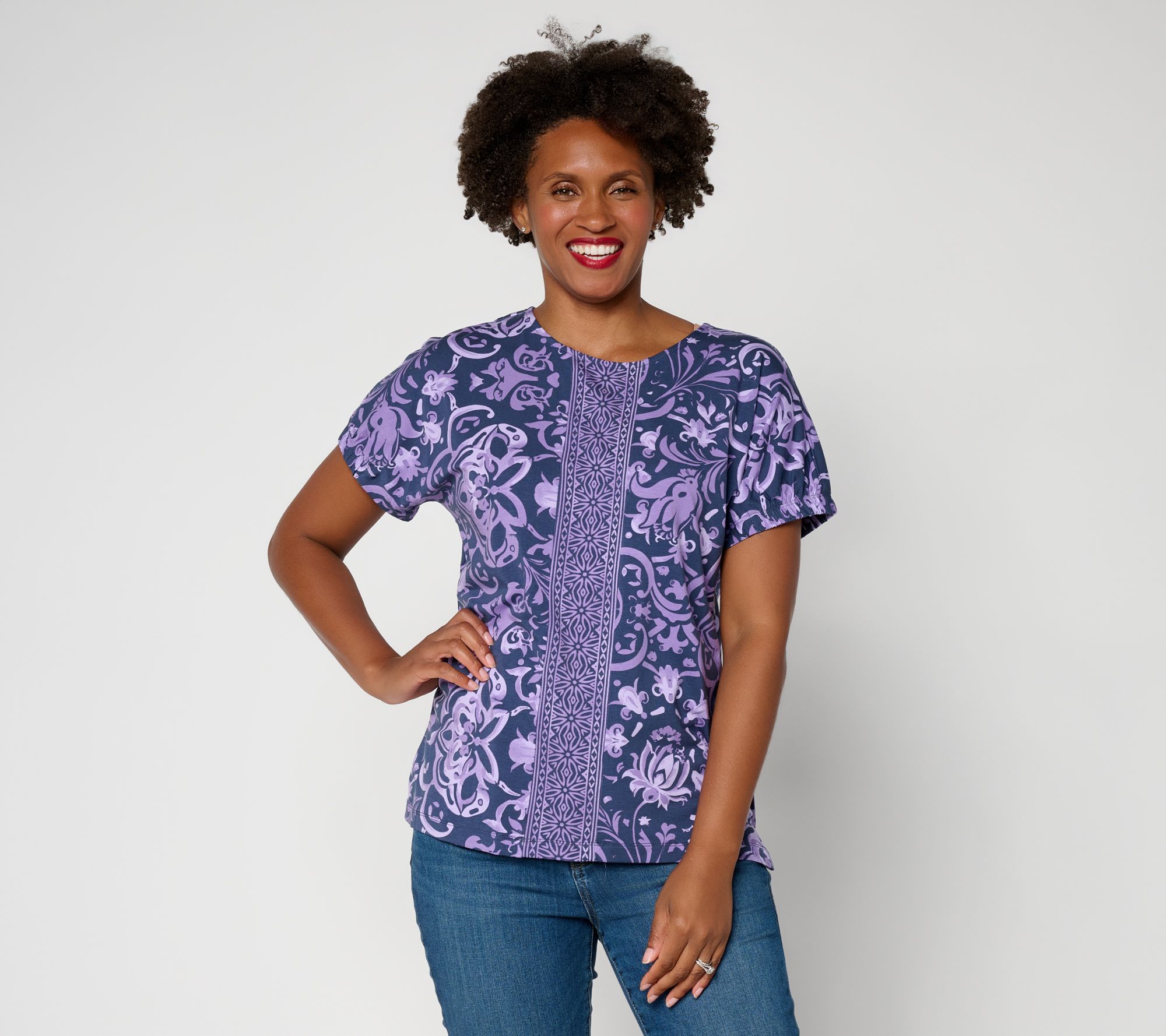 Denim & Co. So Soft Jersey Placed Print Dolman Top with Sleeve Detail