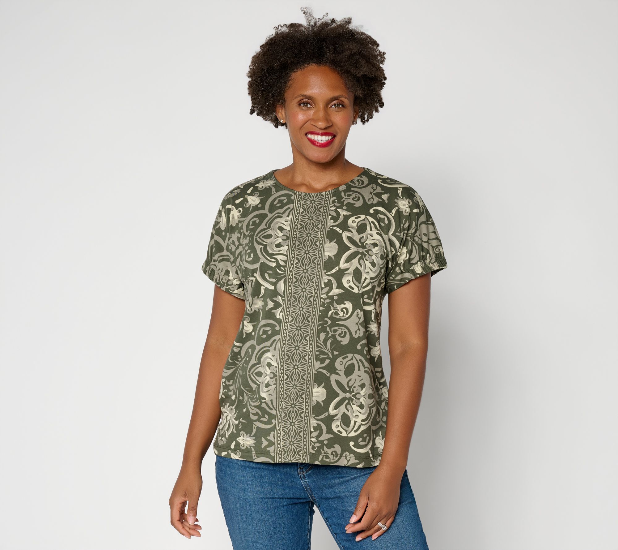 Denim & Co. So Soft Jersey Placed Print Dolman Top with Sleeve Detail