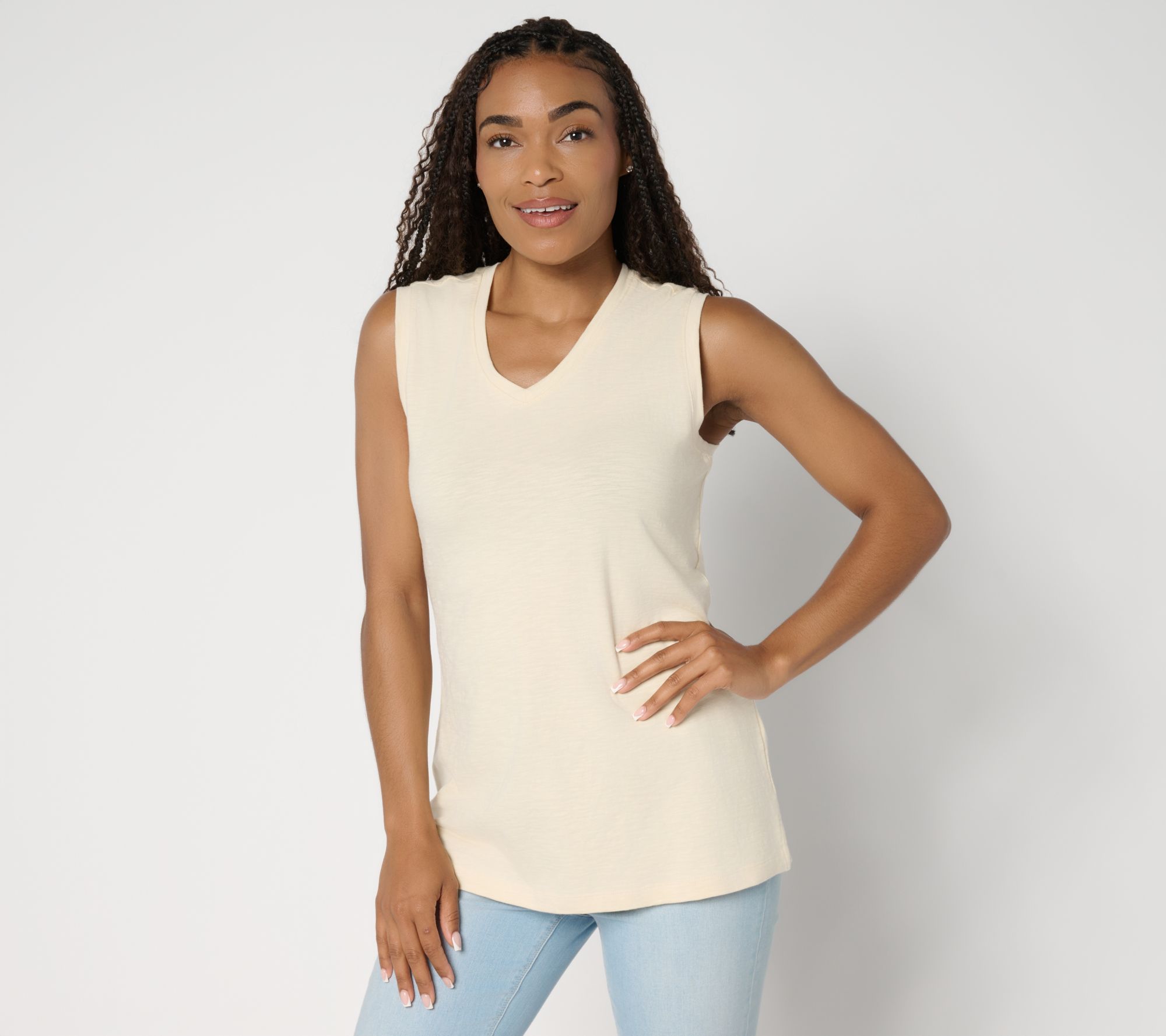 Denim & Co. Essentials Textured Knit Double V-Neck Tank Top