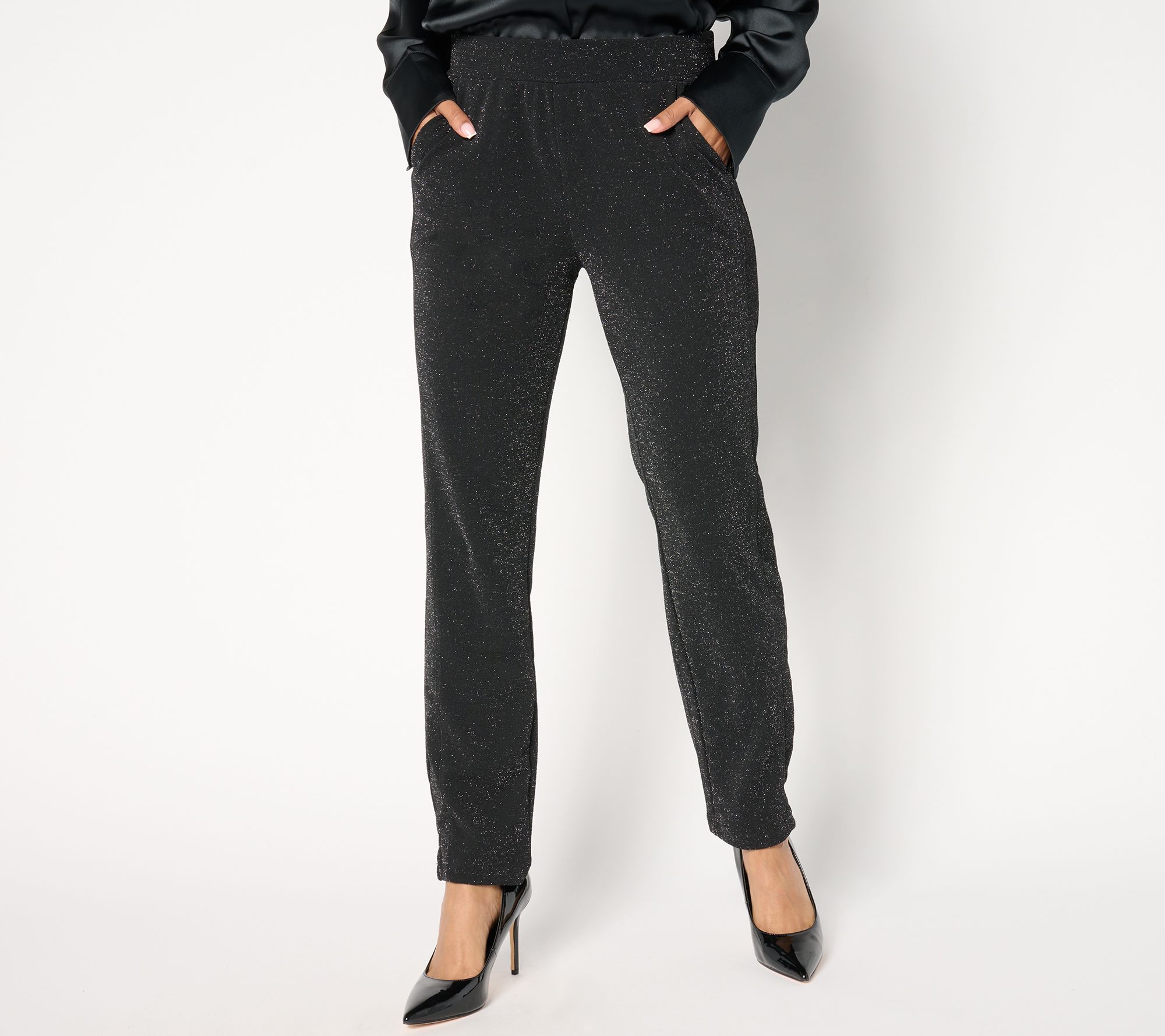 "As Is" Isaac Mizrahi Live! Petite Sparkle Pebble Crepe Slim Pants