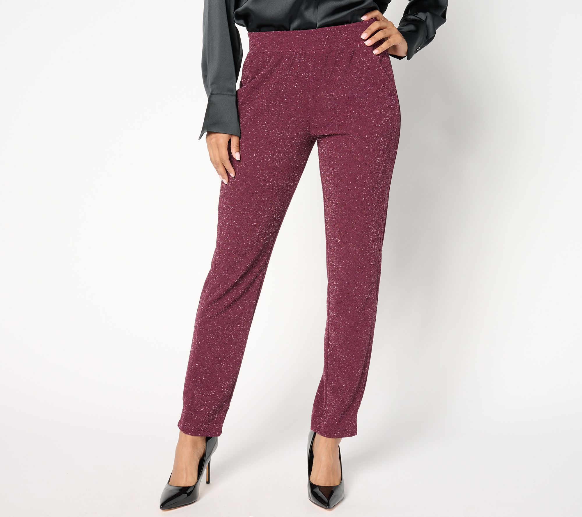 "As Is" Isaac Mizrahi Live! Petite Sparkle Pebble Crepe Slim Pants