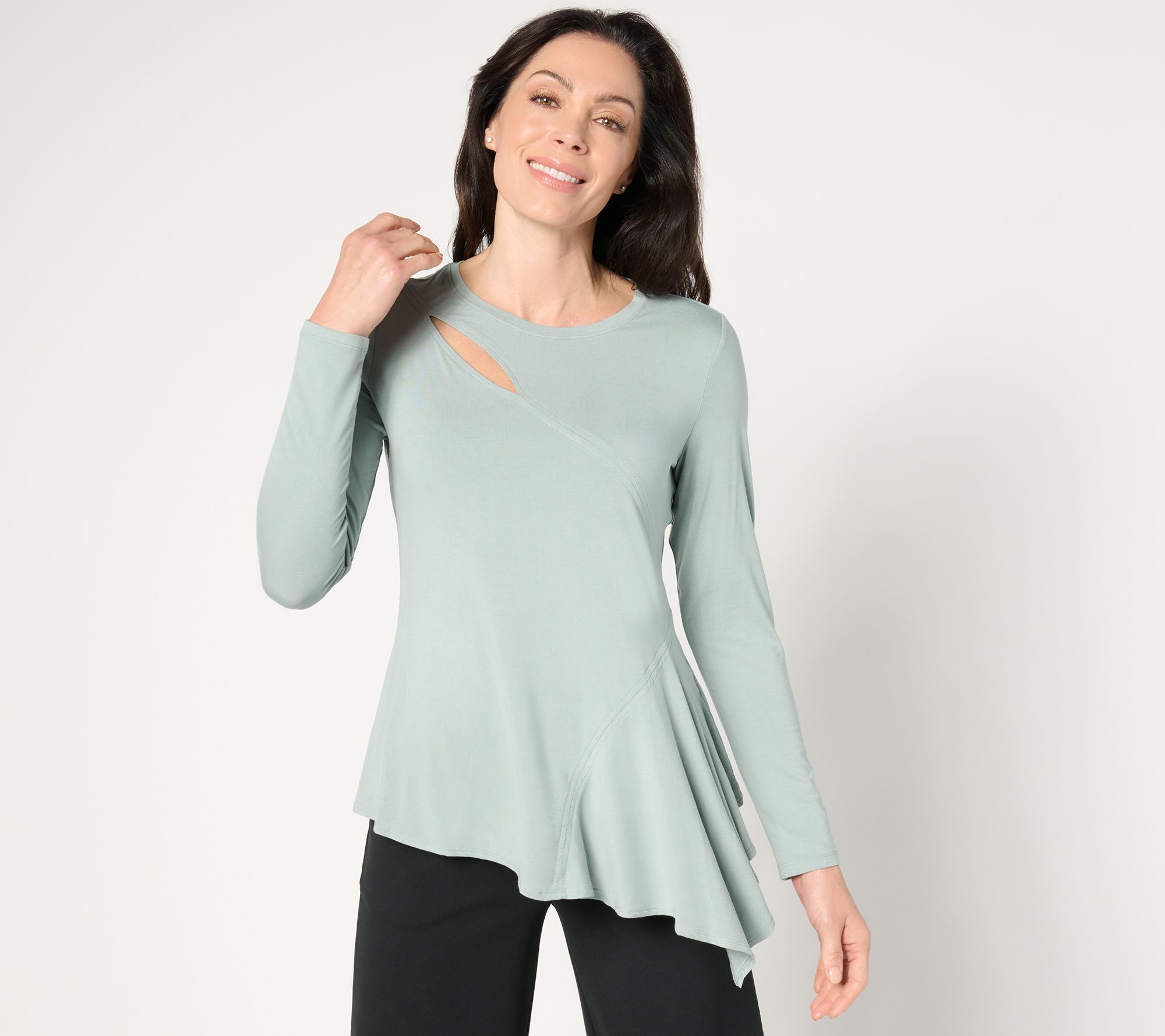 "As Is" Peace Love World Asymmetrical Slash Detail Crew Neck Top