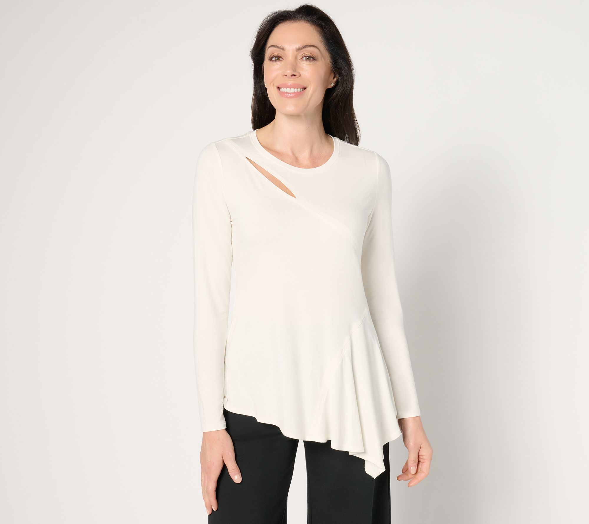 "As Is" Peace Love World Asymmetrical Slash Detail Crew Neck Top