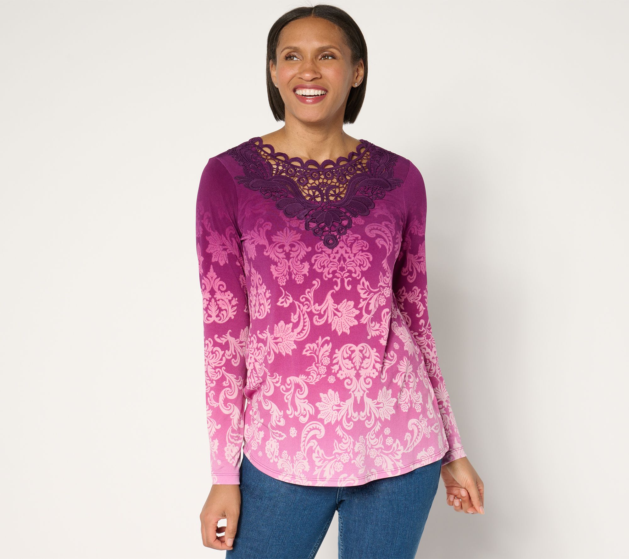 "As Is" Susan Graver Petite Printed Liquid Knit Top with Lace