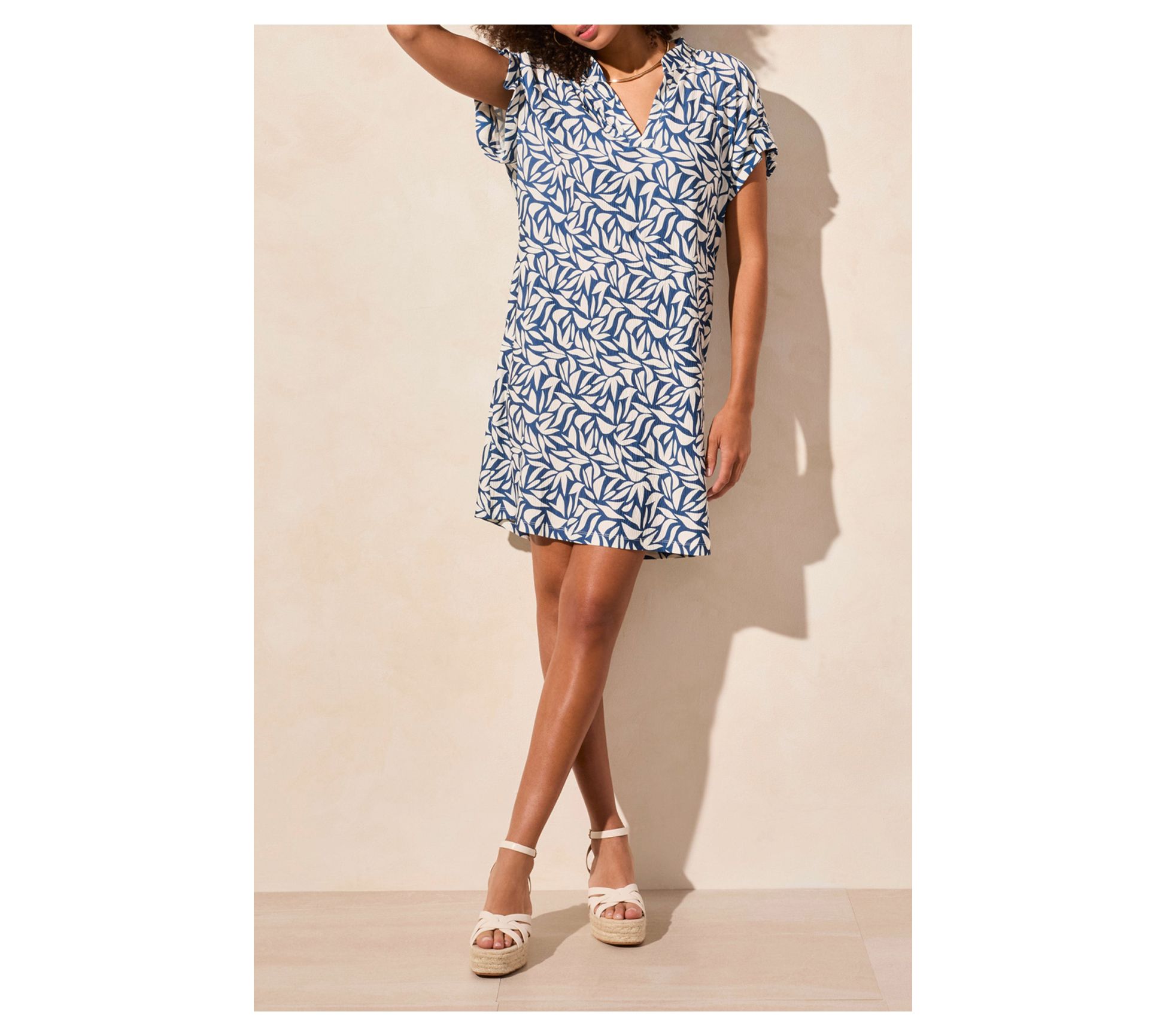 Tribal Ruffle-Sleeve Notch Neck Shift Dress