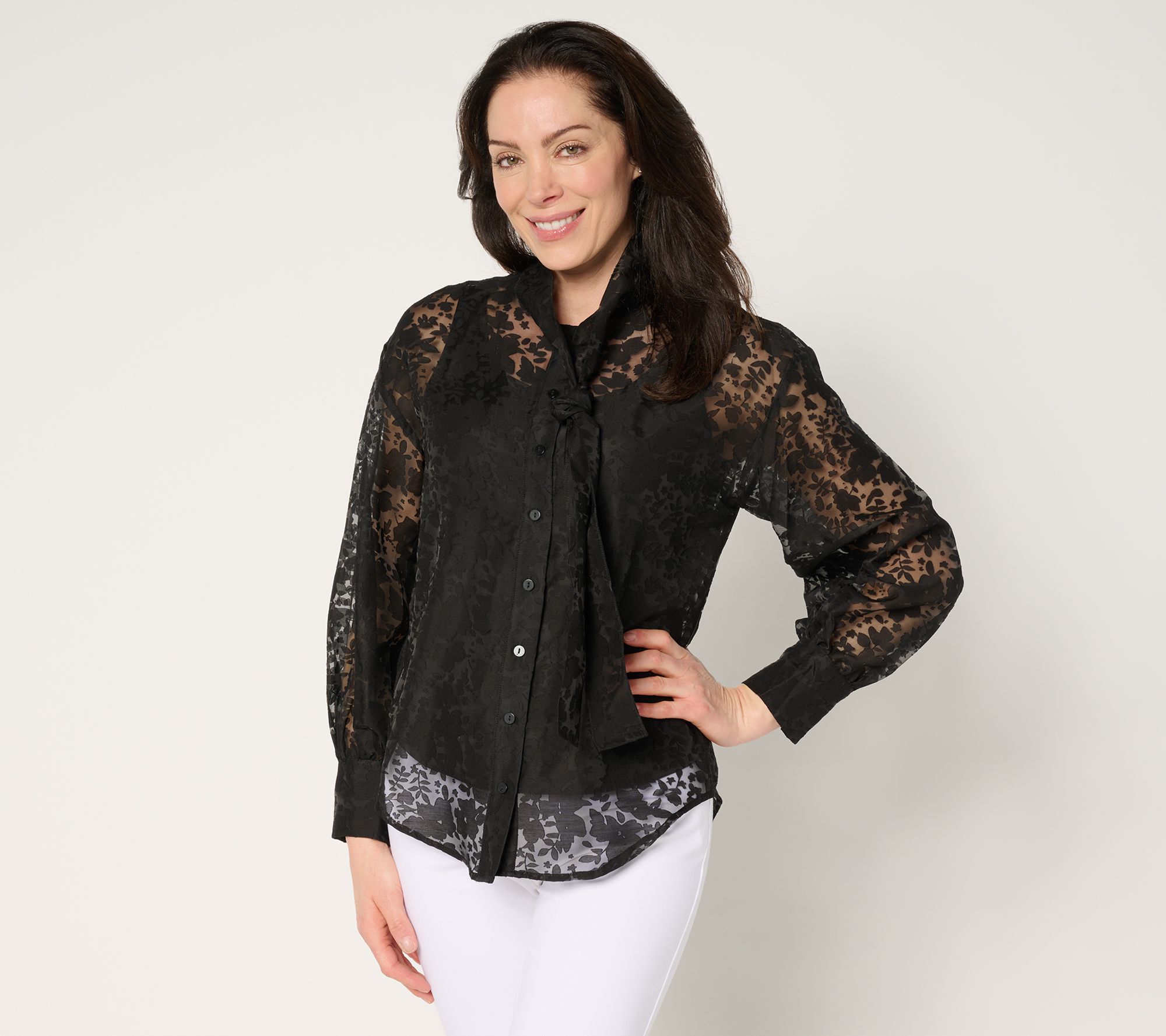 "As Is" by Stacy London Floral Organza Bow Tie Blouse with Knit Tank