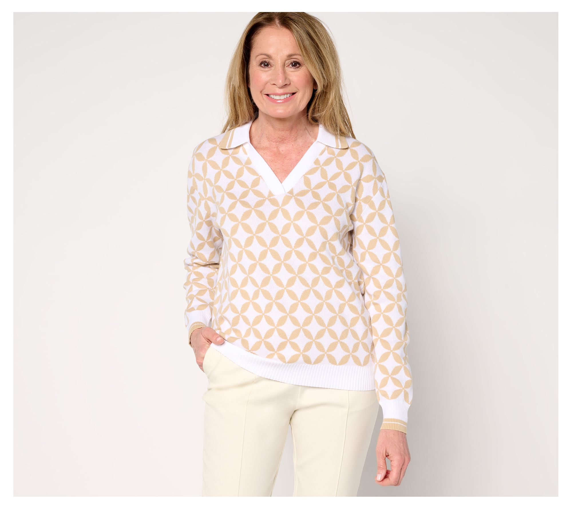 "As Is" Isaac Mizrahi Live! Clubhouse Geo Print Long Sleeve Polo