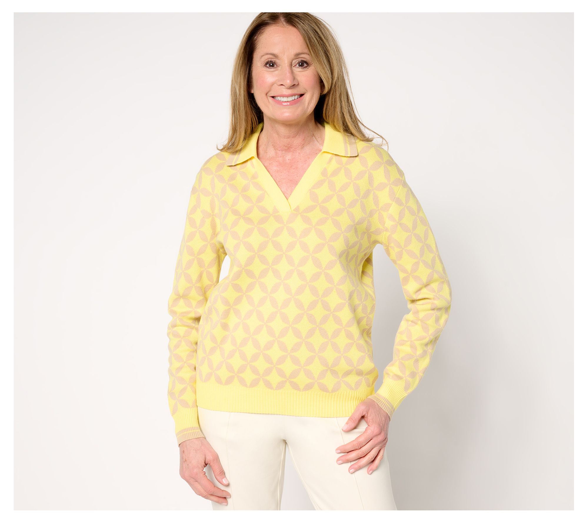 "As Is" Isaac Mizrahi Live! Clubhouse Geo Print Long Sleeve Polo