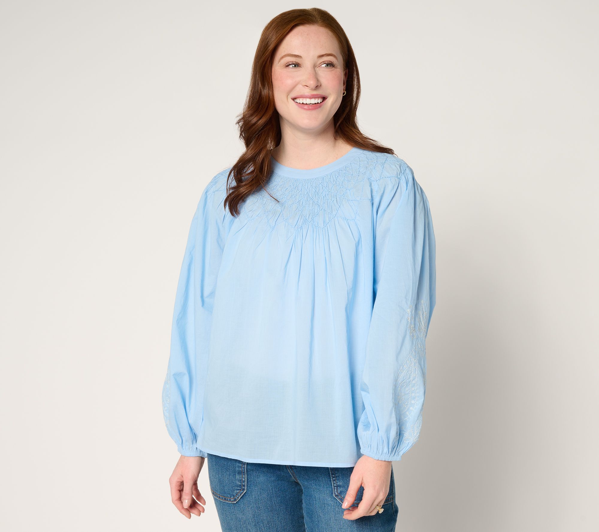 "As Is" LOGO Lavish by Lori Goldstein 100% Cotton Smocked Blouse